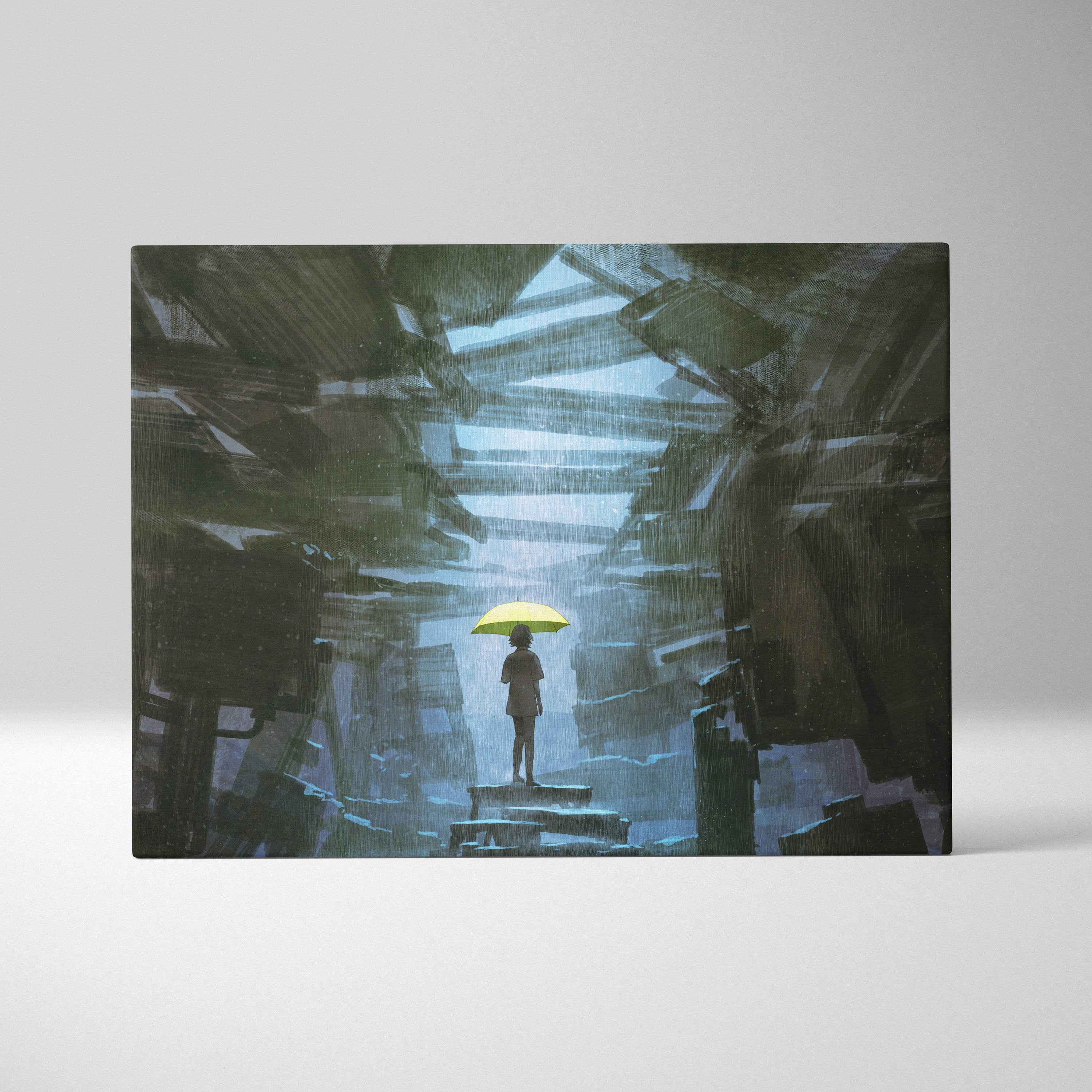 A rectangular canvas print of a solitary figure holding a yellow umbrella in a dark urban rain scene
