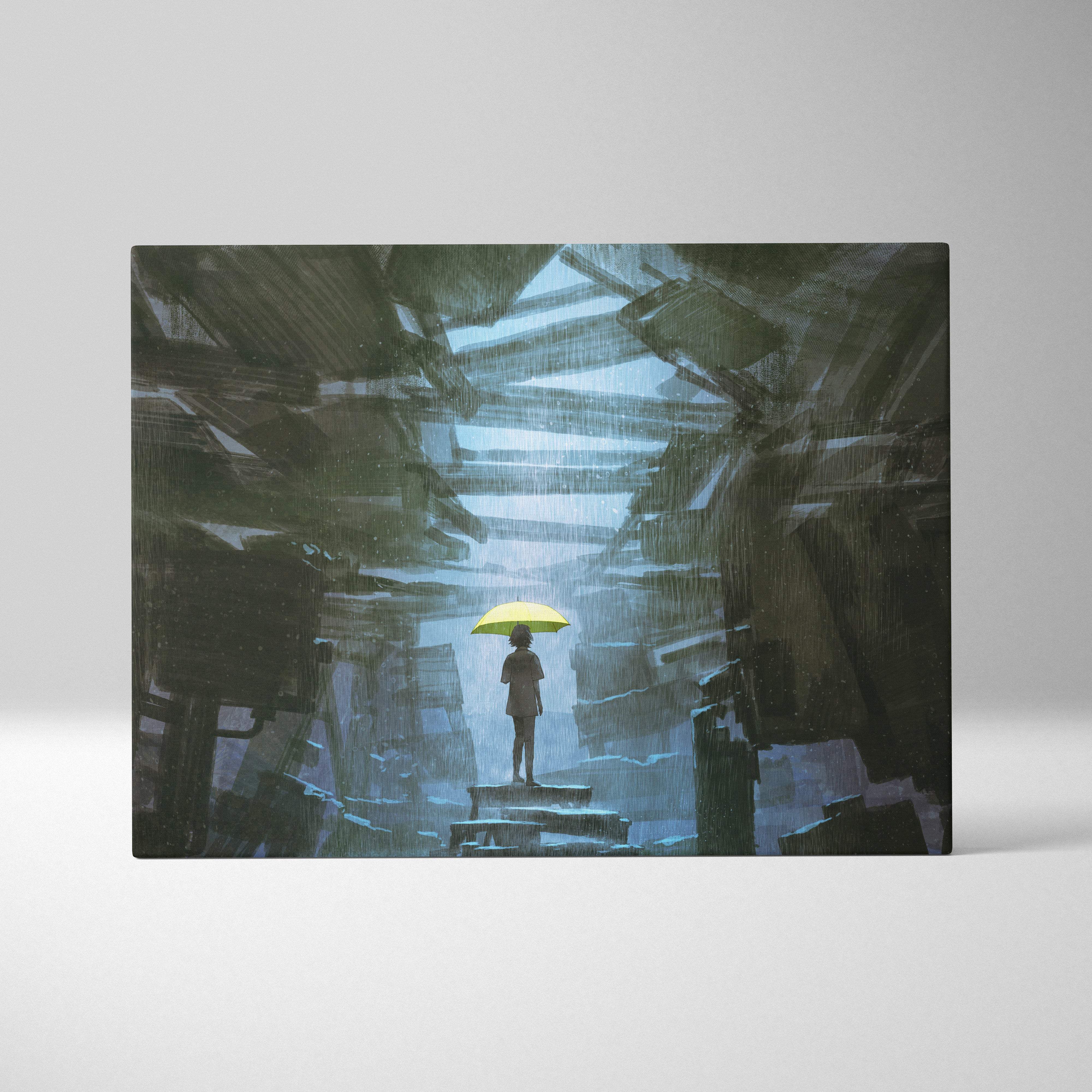 A rectangular canvas print of a solitary figure holding a yellow umbrella in a dark urban rain scene