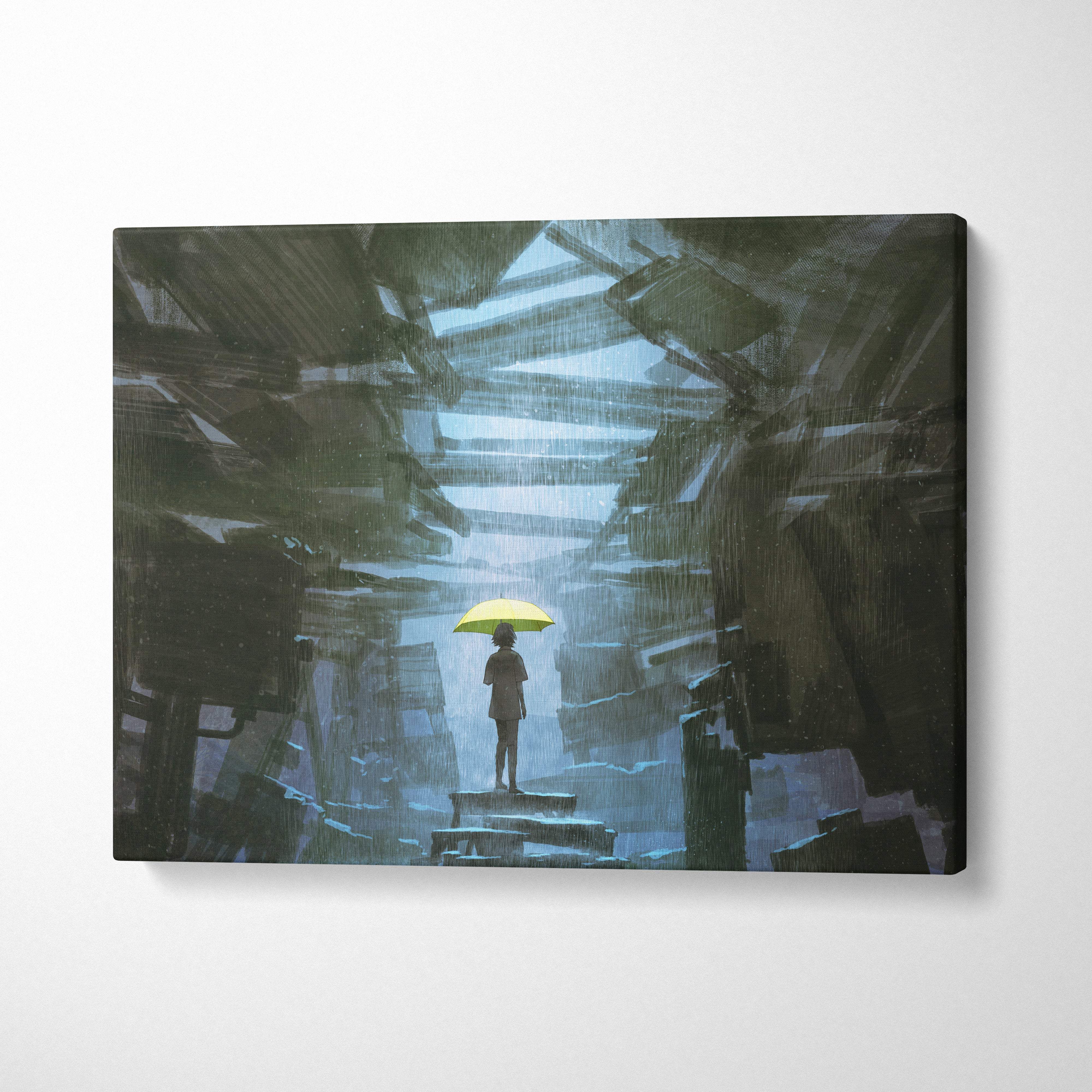 Moody rainy ruins rectangular canvas print with yellow umbrella silhouette in dark urban decay digital painting