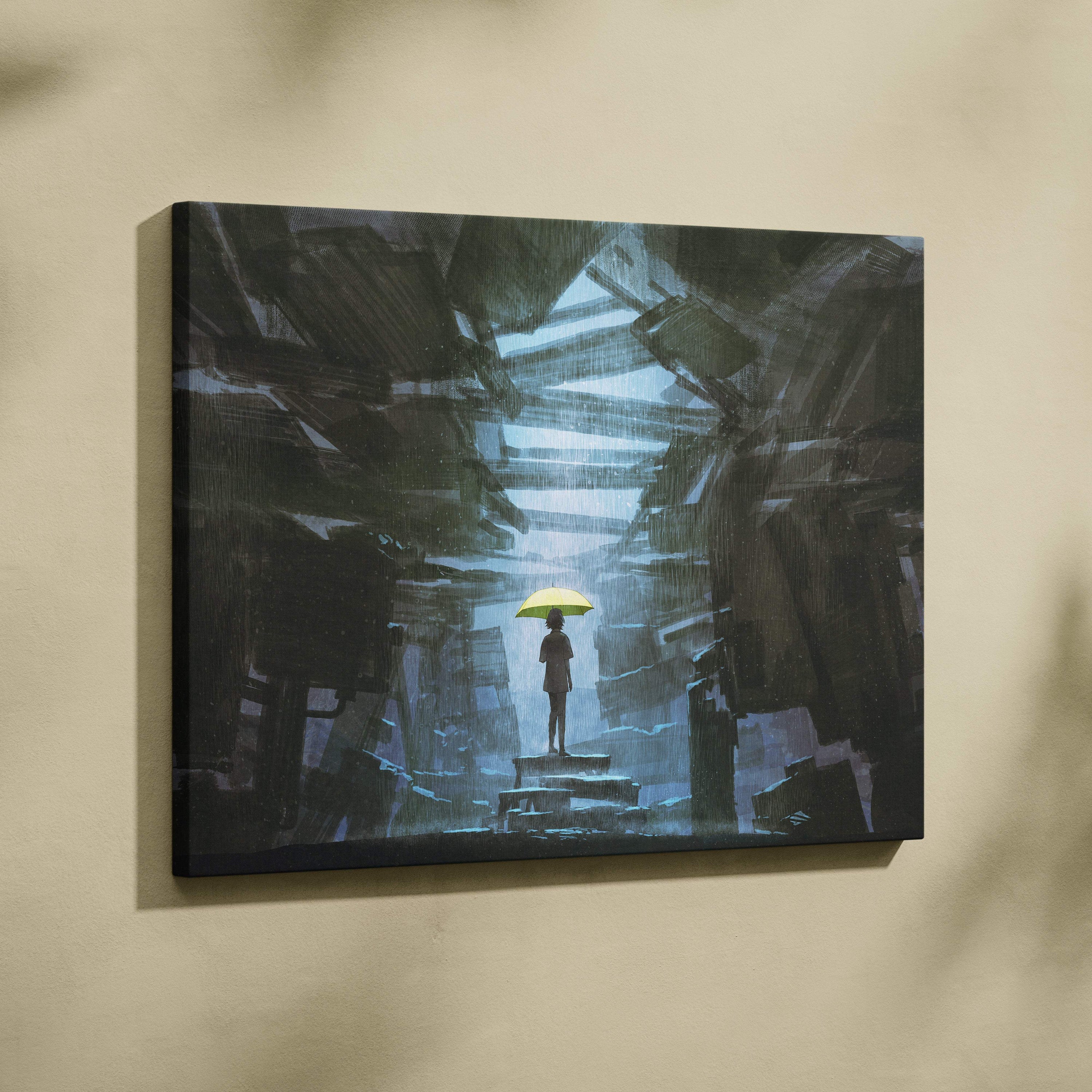 Moody rainy ruins canvas wall art featuring a solitary figure with a yellow umbrella amid dark urban decay ruins
