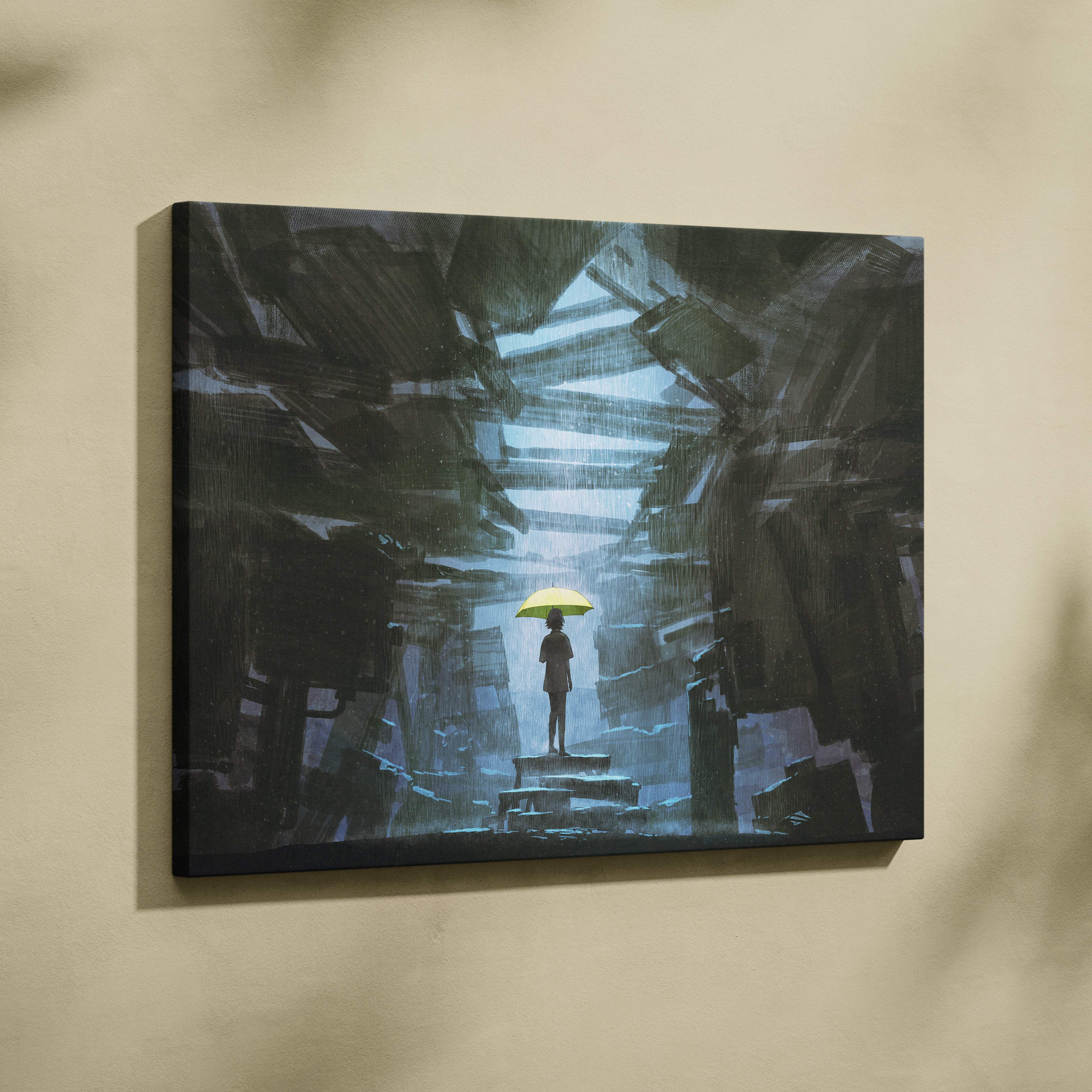 Moody rainy ruins canvas wall art featuring a solitary figure with a yellow umbrella amid dark urban decay ruins
