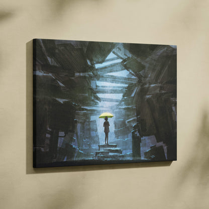 Moody rainy ruins canvas wall art featuring a solitary figure with a yellow umbrella amid dark urban decay ruins