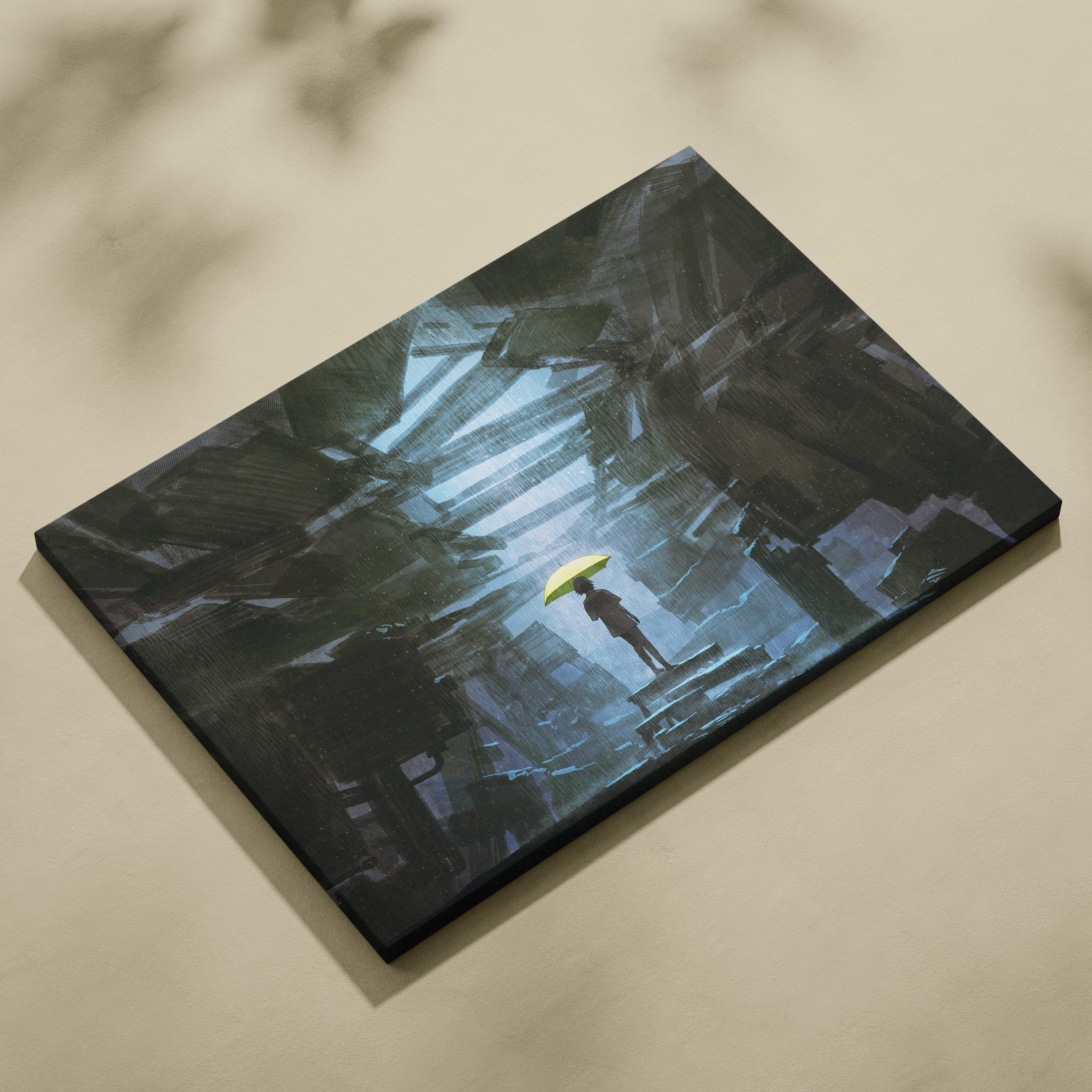A rectangular canvas print of moody rainy ruins wall art featuring a lone figure with a bright yellow umbrella