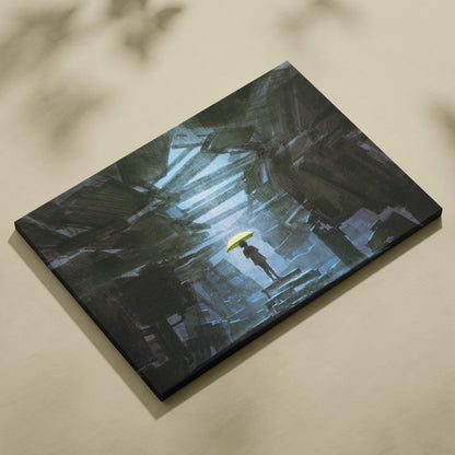 A rectangular canvas print of moody rainy ruins wall art featuring a lone figure with a bright yellow umbrella