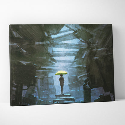 Moody rainy ruins canvas wall art featuring a solitary figure with a bright yellow umbrella in dark urban decay