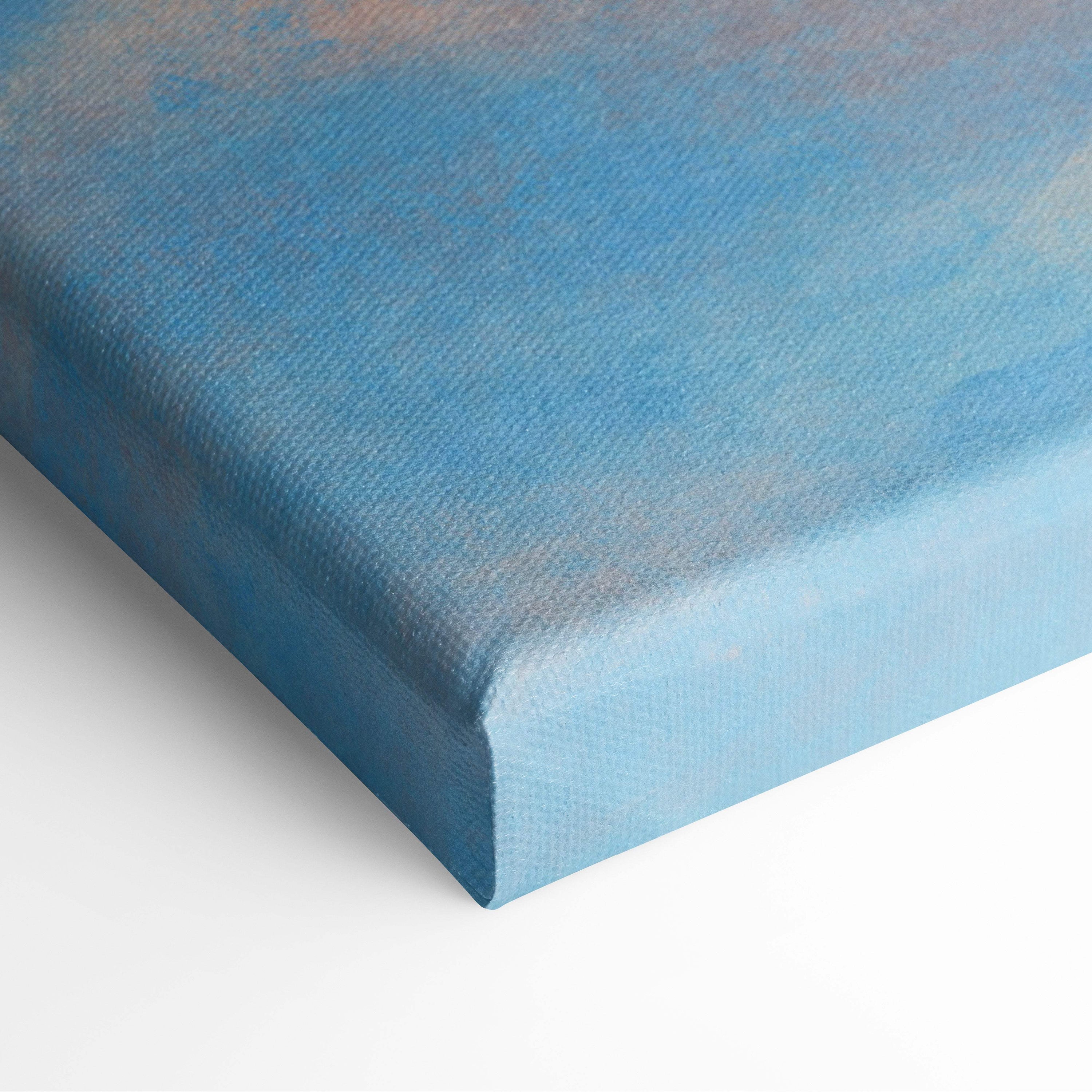 Contemporary cloud ladder canvas wall art featuring blue textured gradient finish and surreal man climbing to clouds design