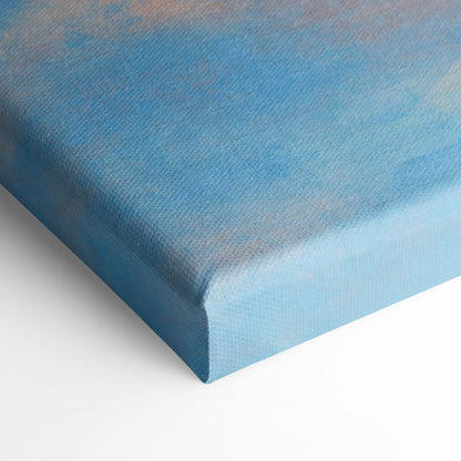 Contemporary cloud ladder canvas wall art featuring blue textured gradient finish and surreal man climbing to clouds design