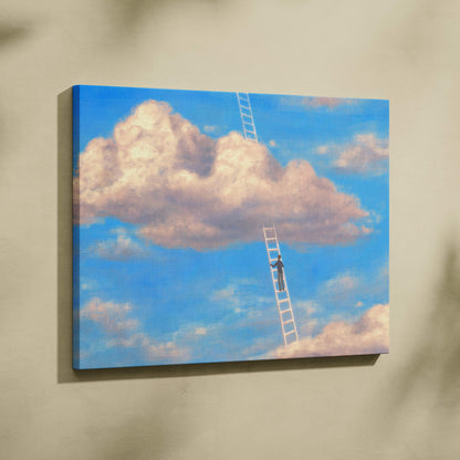 Contemporary cloud ladder canvas wall art with two white ladders climbing pink and white clouds against blue sky