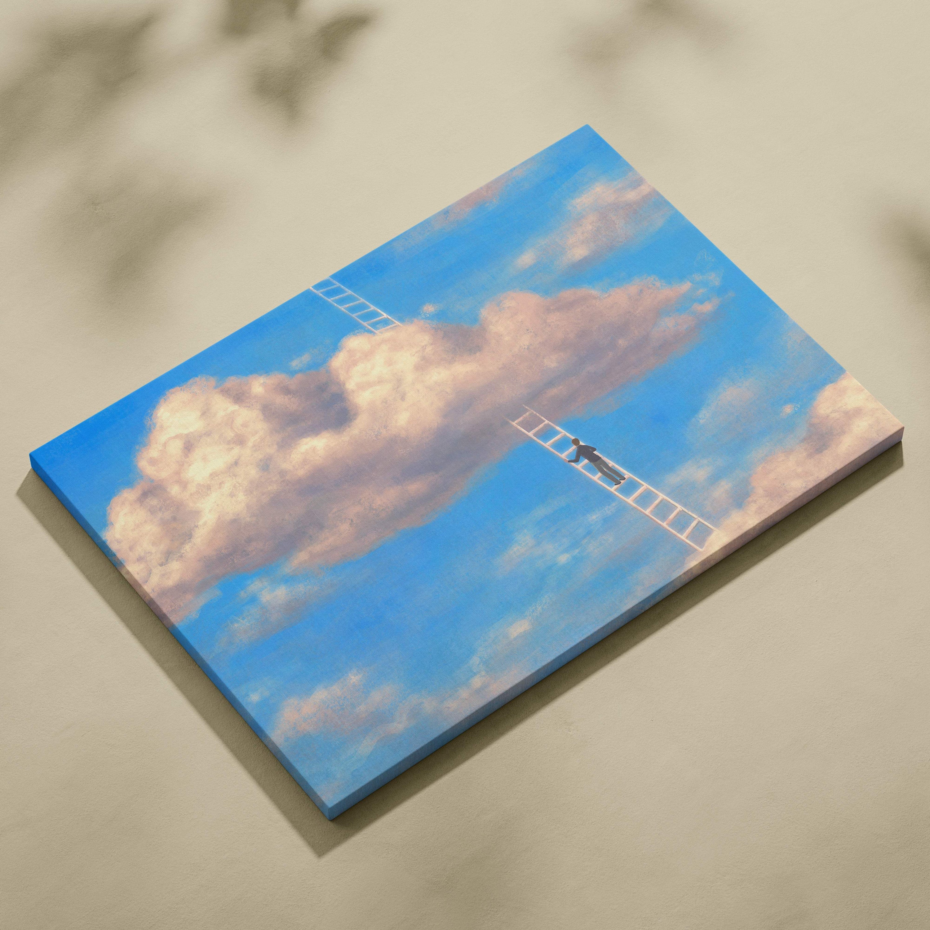 A rectangular contemporary canvas print featuring surreal blue sky with fluffy white and pink clouds and two ladders reaching up