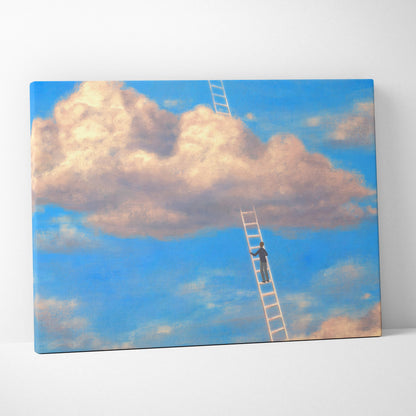 Contemporary cloud ladder canvas wall art showing a person climbing a white ladder toward clouds against blue sky