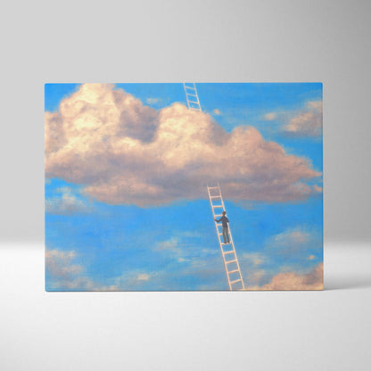 Contemporary rectangular canvas print of a person climbing a white ladder toward blue and pink clouds wall art