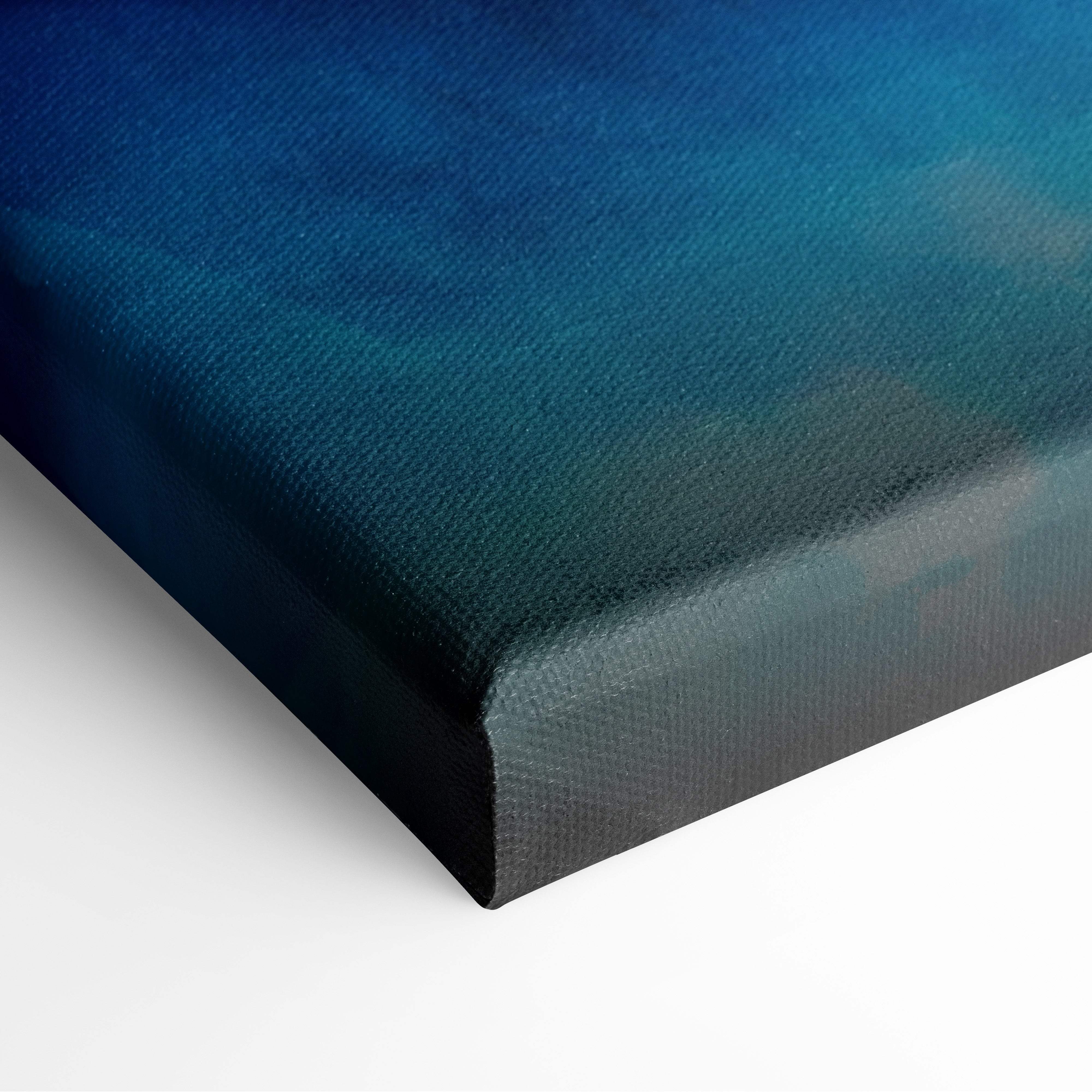 A canvas print of moonlit samurai duel with blue to teal gradient textured fabric and black stretched edges for gaming room decor