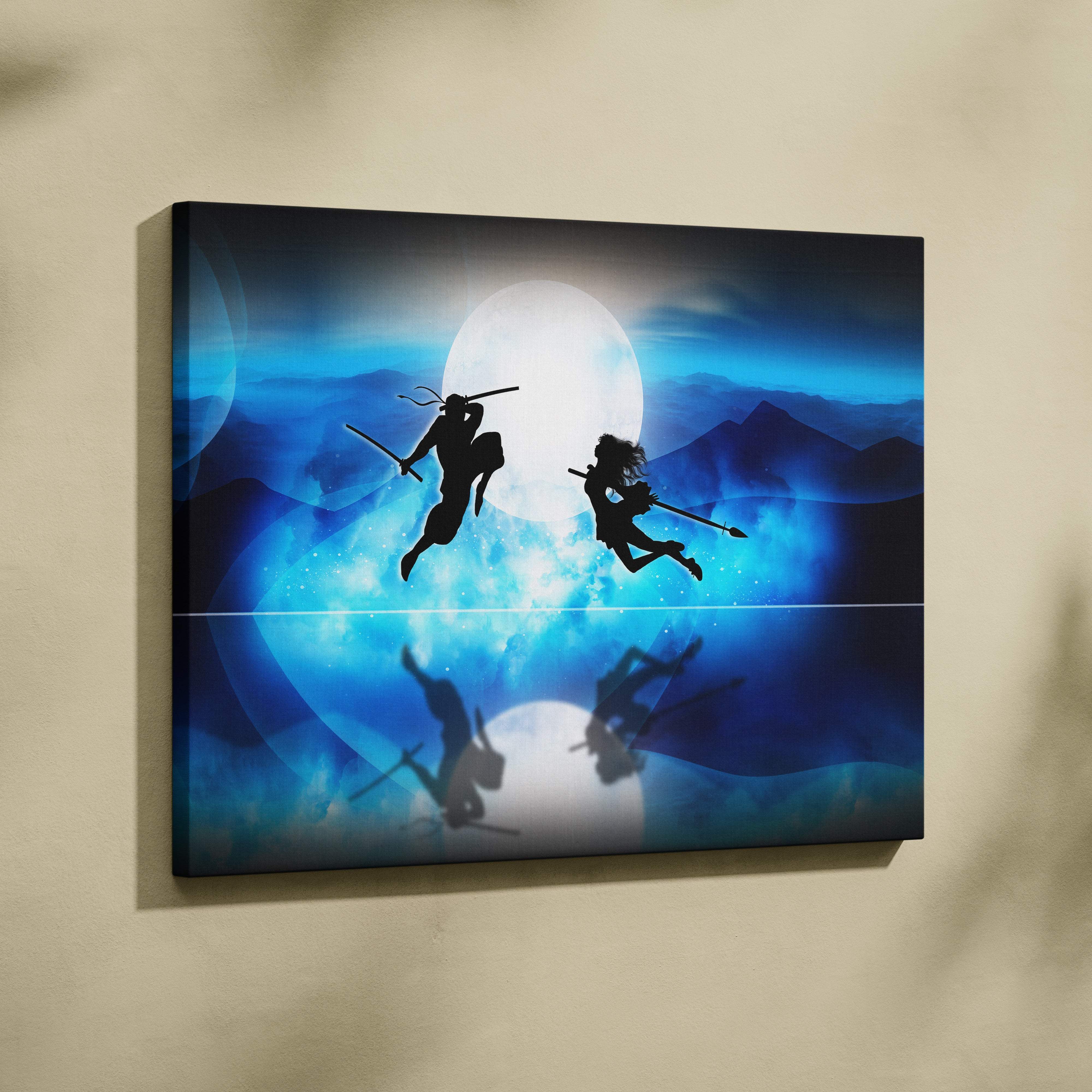 Blue canvas wall art print featuring silhouetted samurai warriors dueling against a glowing moon and mountain backdrop