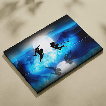 Blue canvas print featuring black samurai silhouettes in dynamic poses against a glowing moon and cosmic background