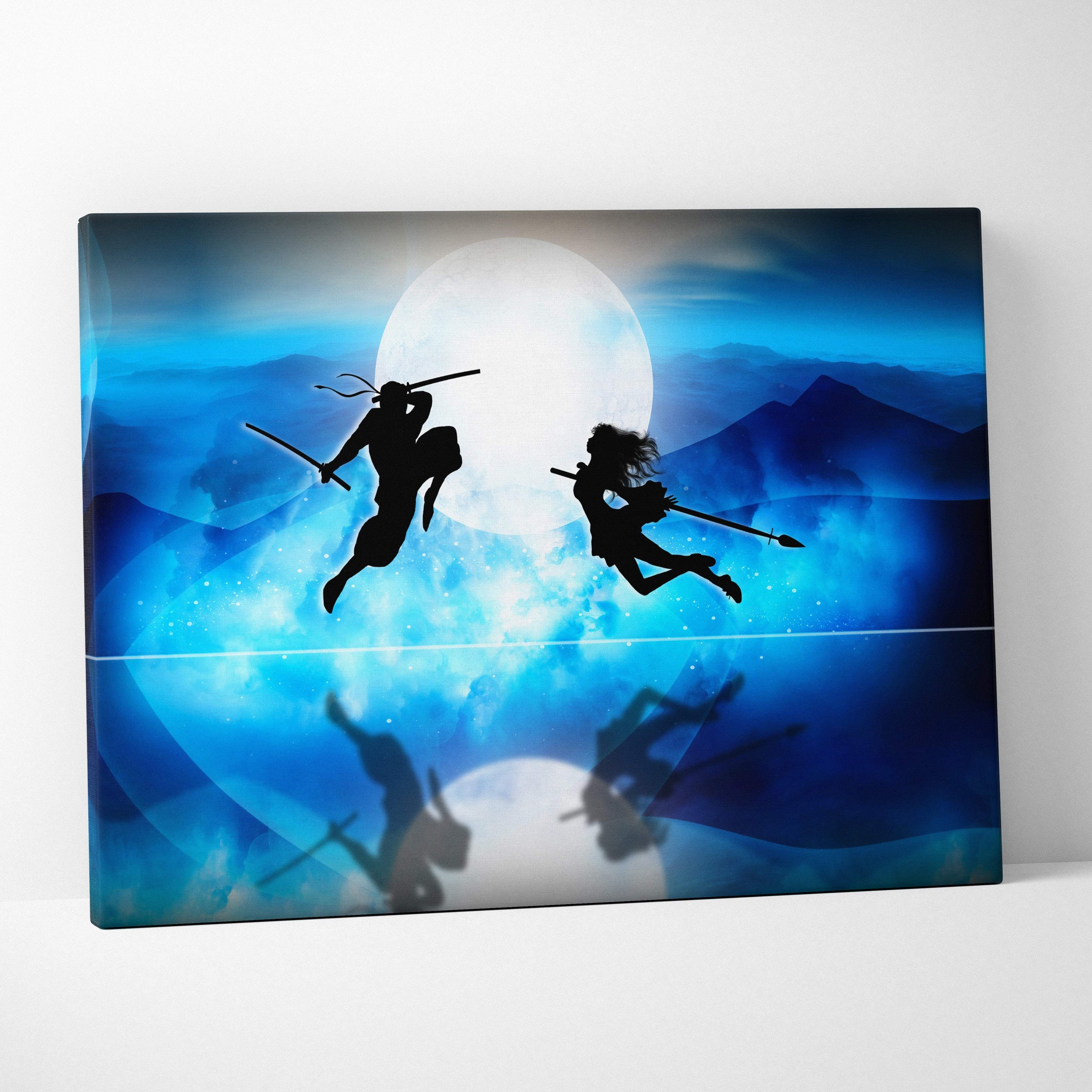 Blue canvas print featuring black silhouettes of two martial artists in mid-air duel against glowing moon and mountain backdrop