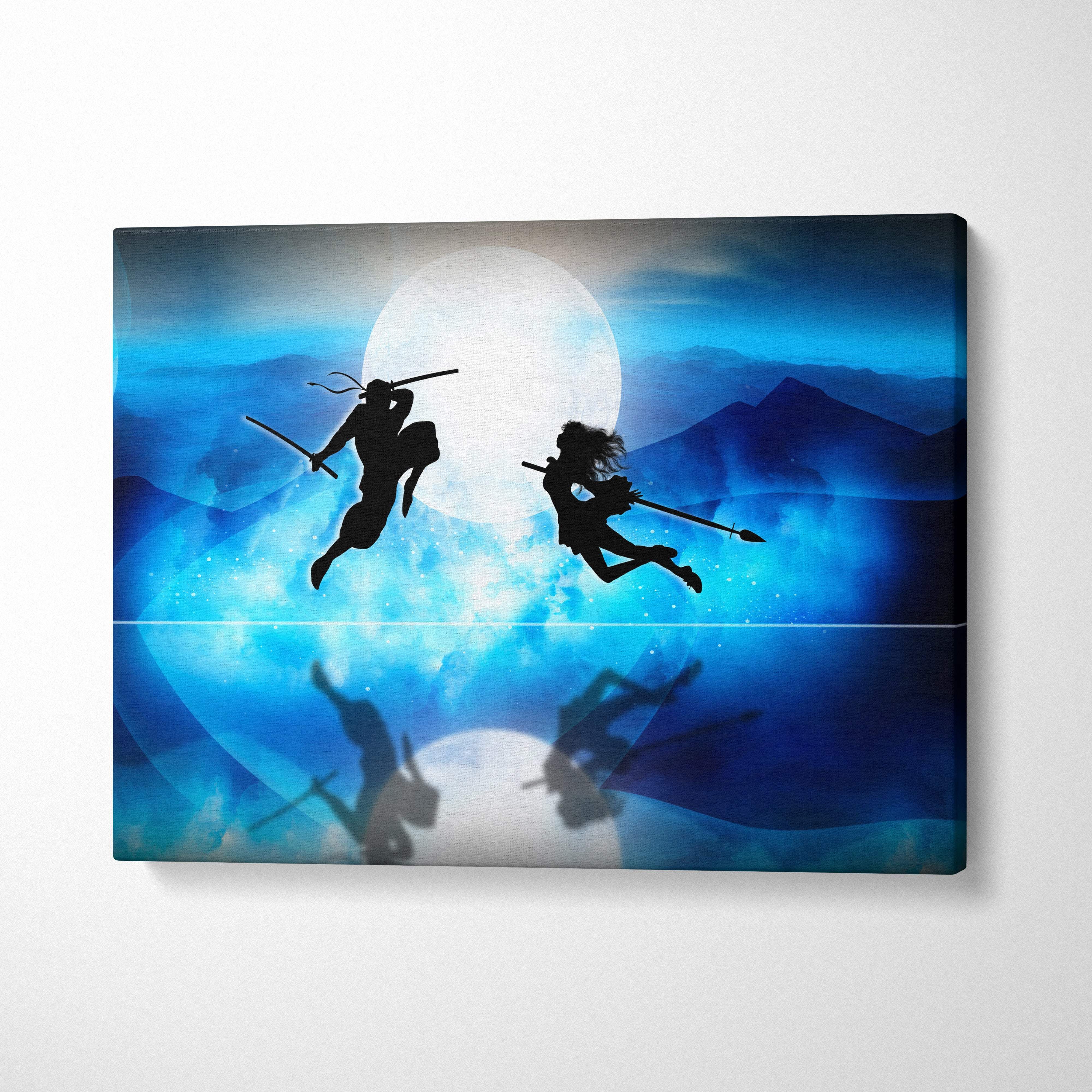 Blue canvas print featuring silhouettes of two martial artists in mid-air combat with moon and mountain backdrop