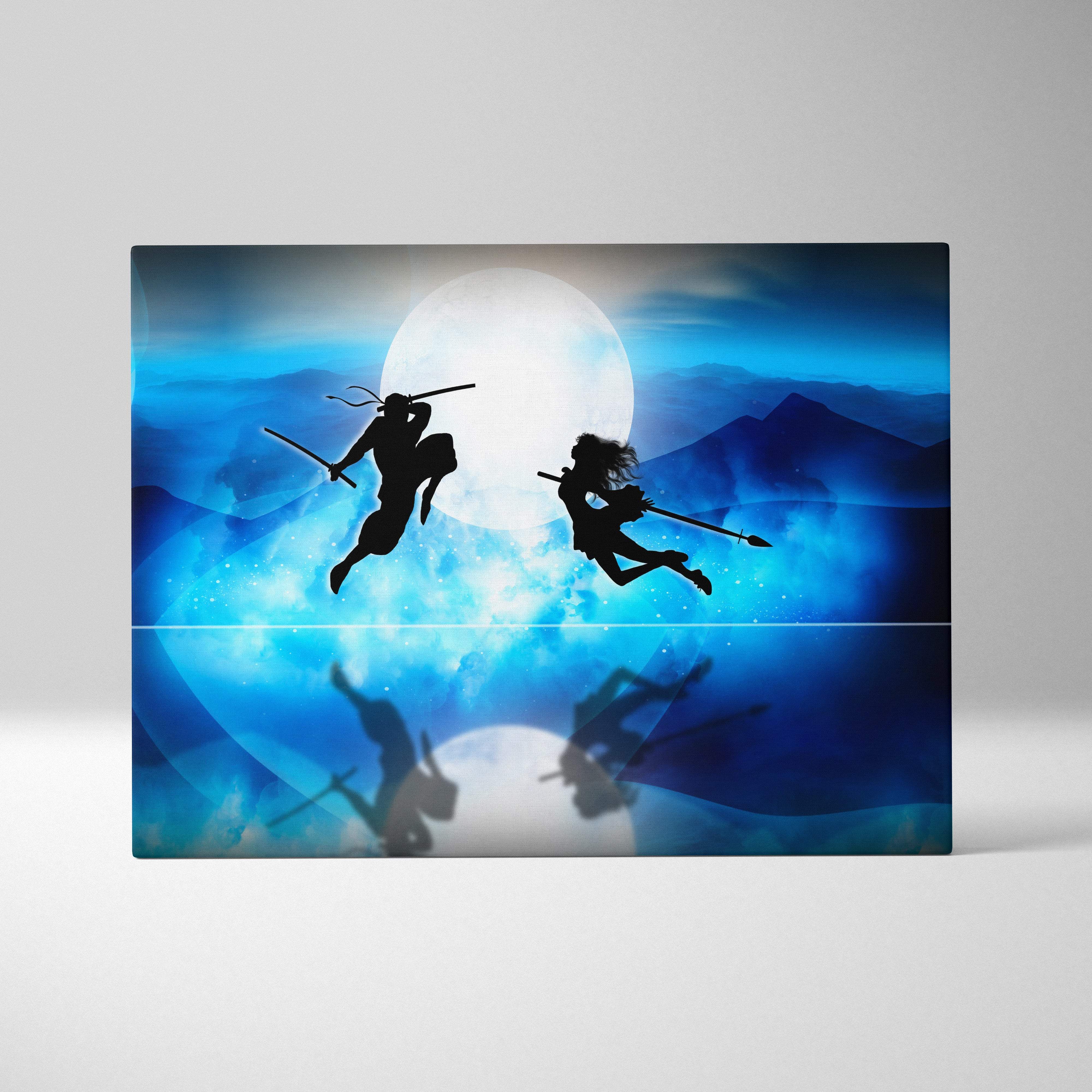 Blue fantasy-themed canvas print of two martial artist silhouettes dueling under a glowing moon and mountain backdrop