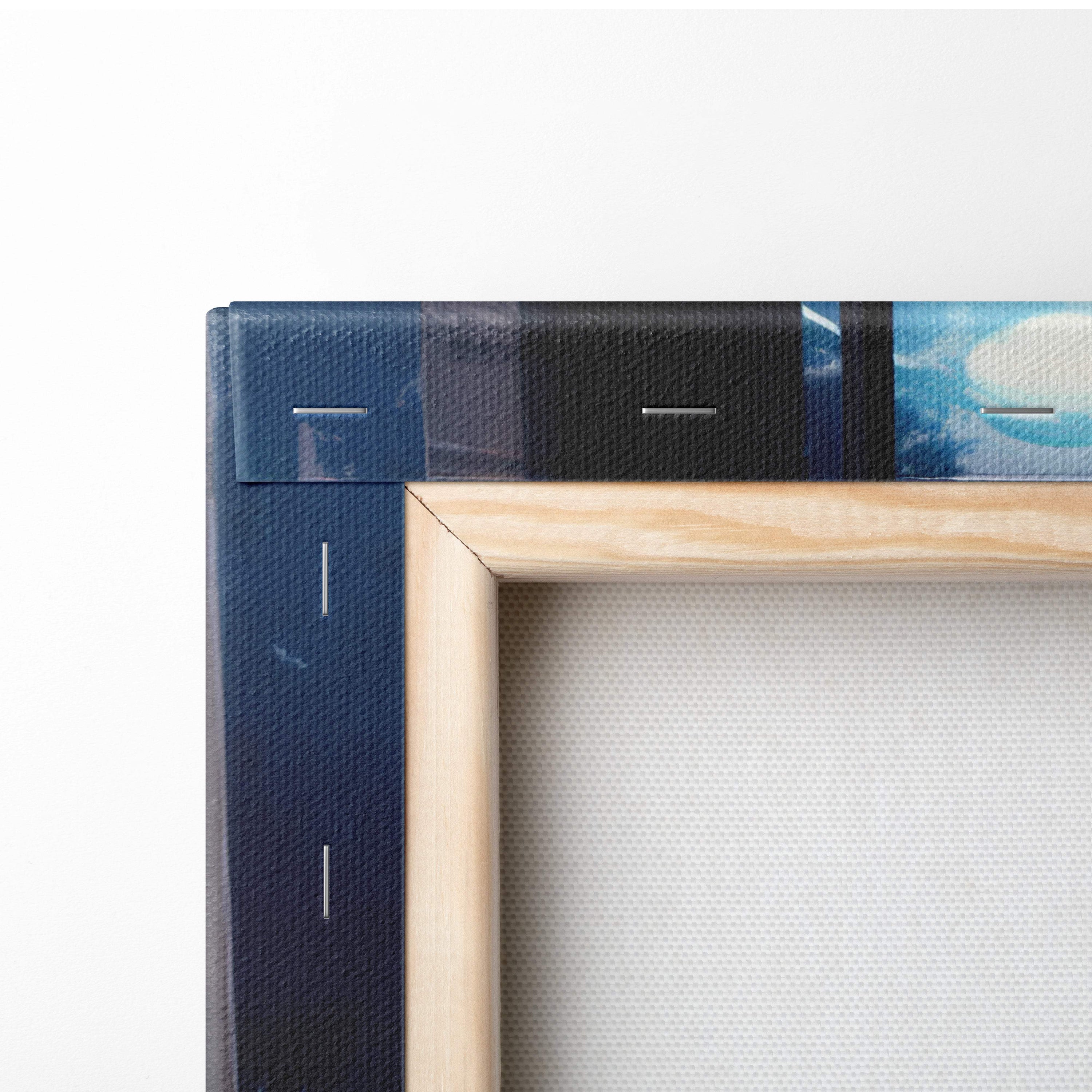 Night japanese city canvas wall art print with navy blue textured border and light wood frame for modern interiors
