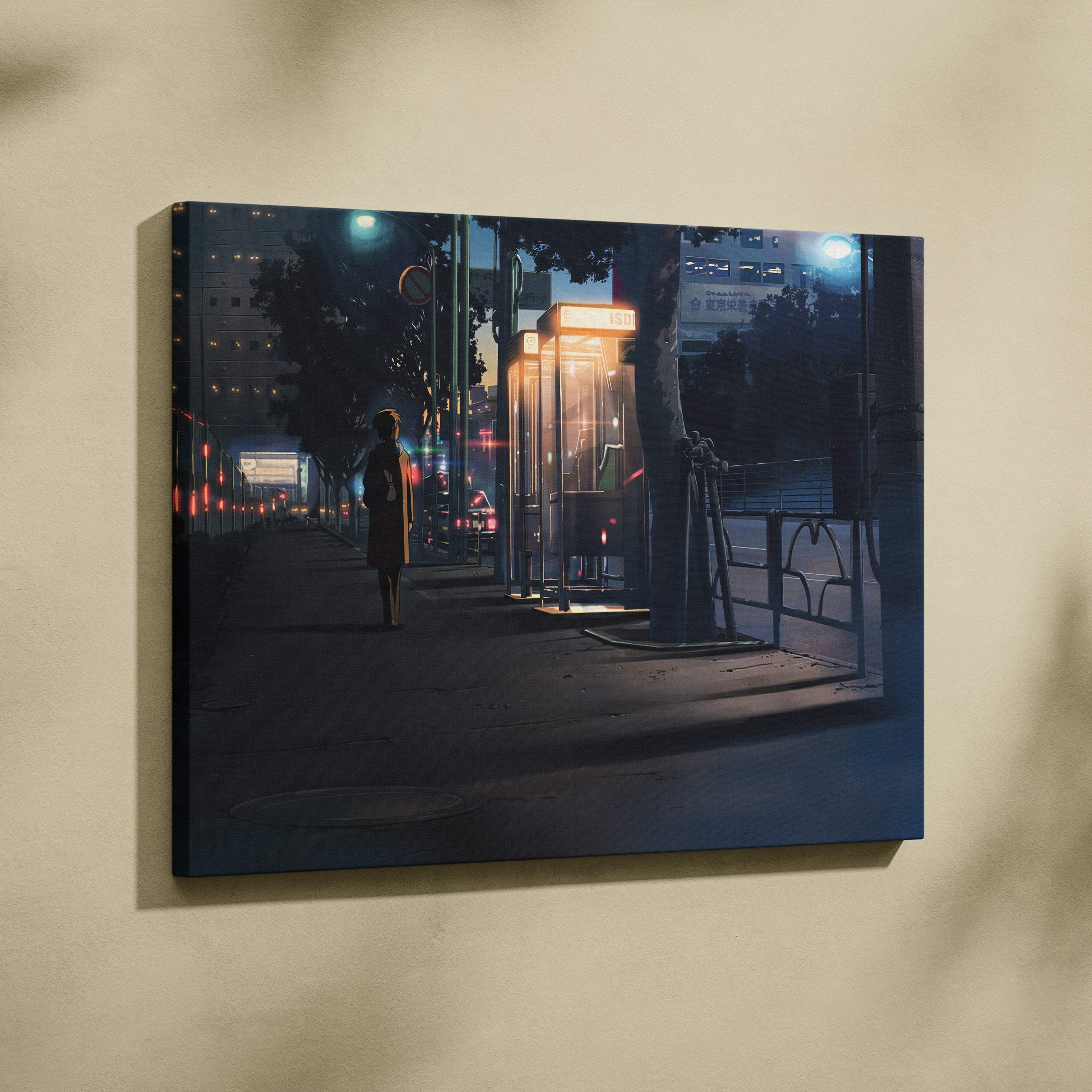 Night japanese city canvas wall art print showing a lone figure walking past illuminated phone booths under streetlights