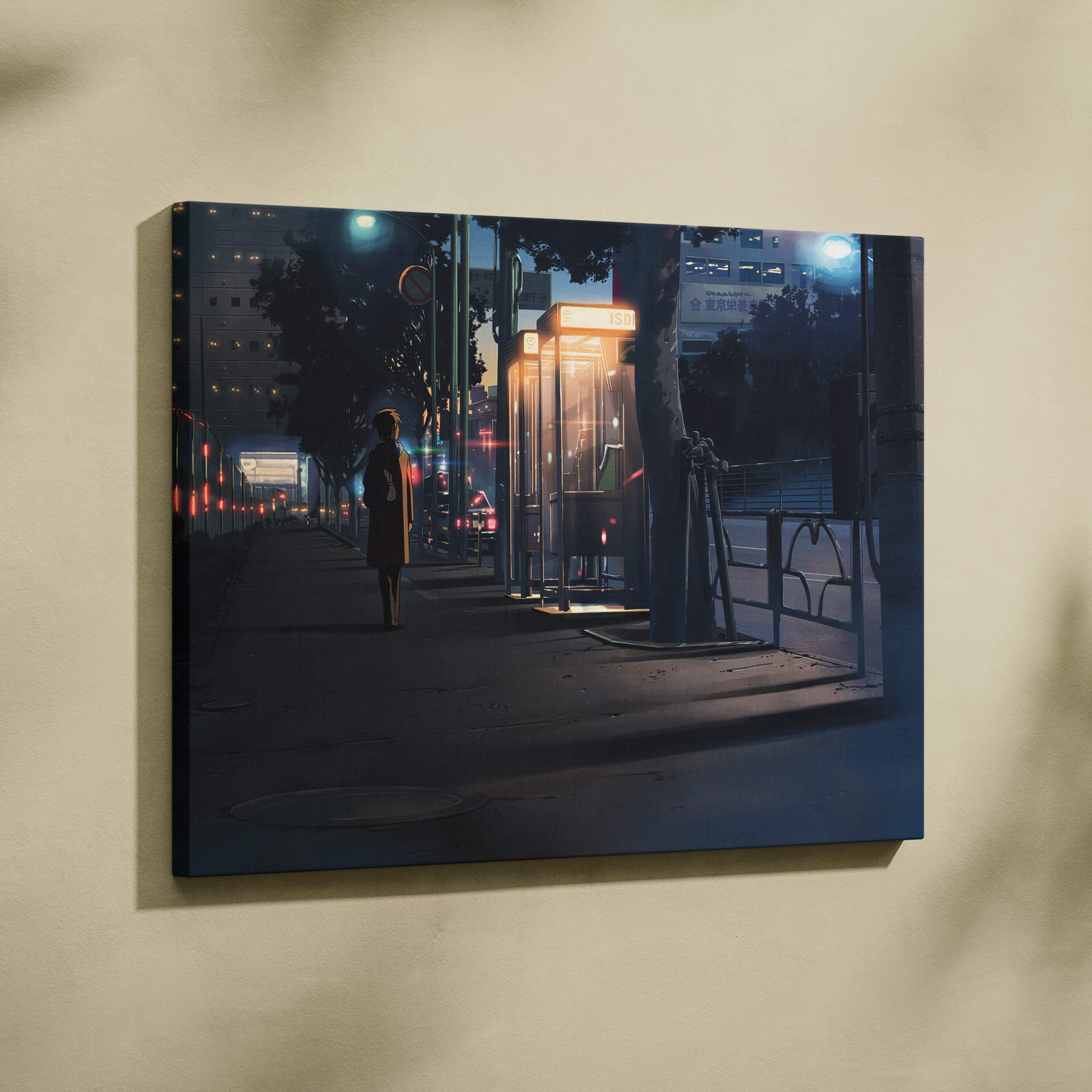 Night japanese city canvas wall art print showing a lone figure walking past illuminated phone booths under streetlights