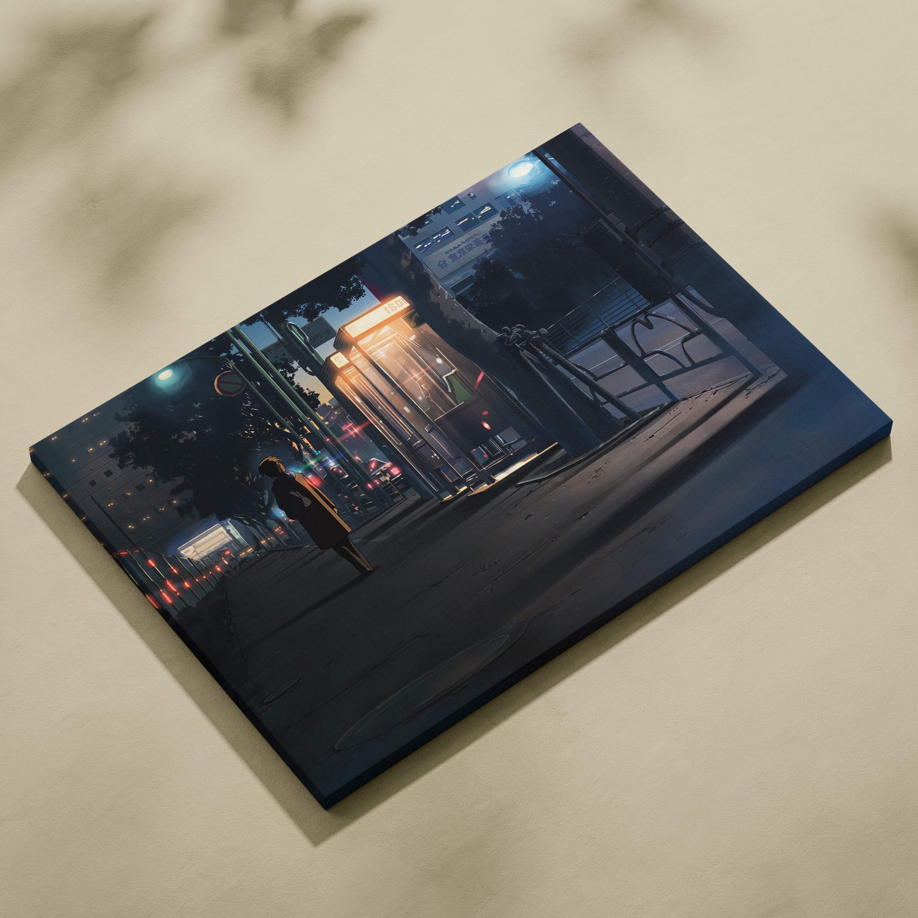 Rectangular canvas print of a dark blue neon-lit japanese city street scene for moody bedrooms or gaming rooms
