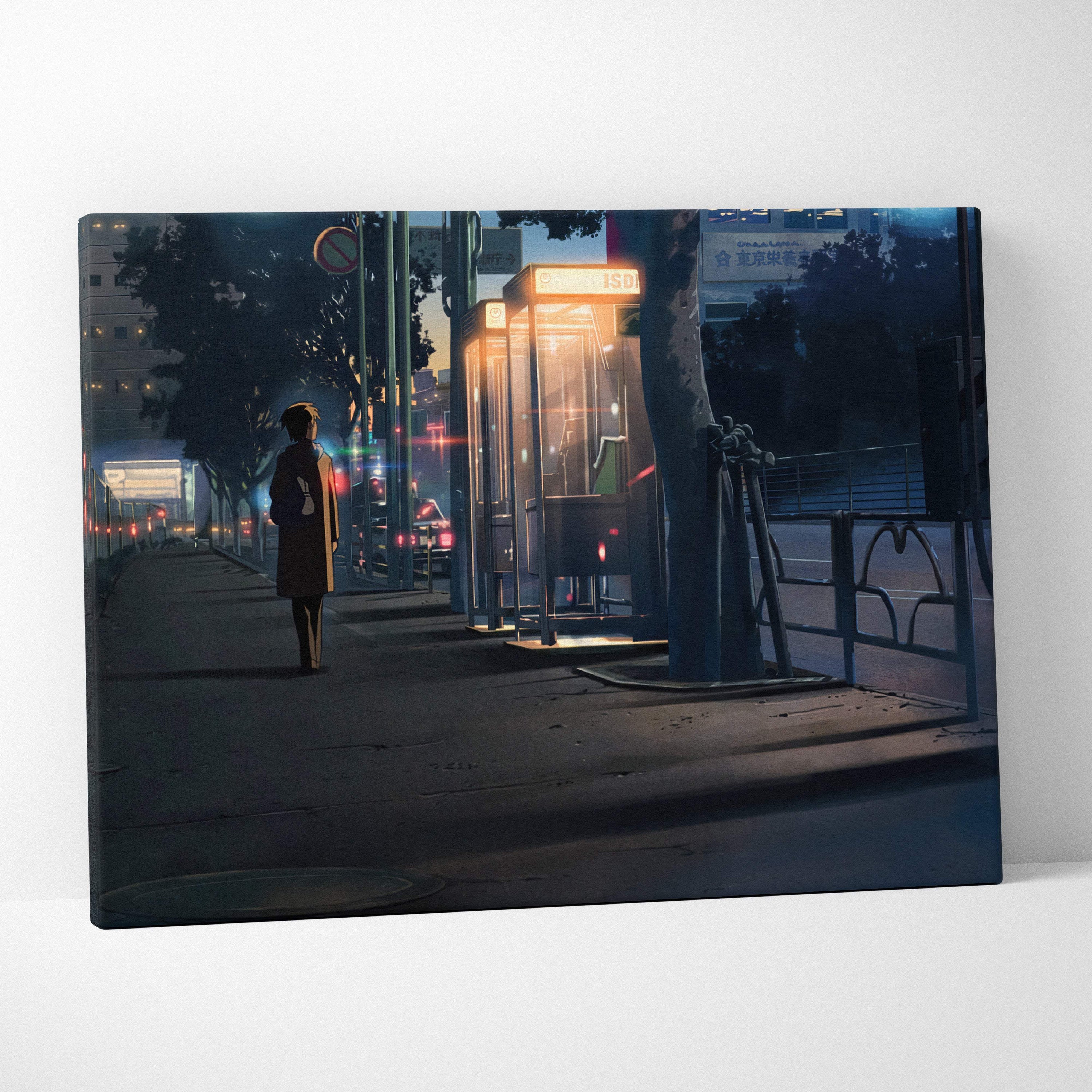 Nostalgic anime-style dark blue canvas wall art of a lone figure walking past an illuminated phone booth at dusk