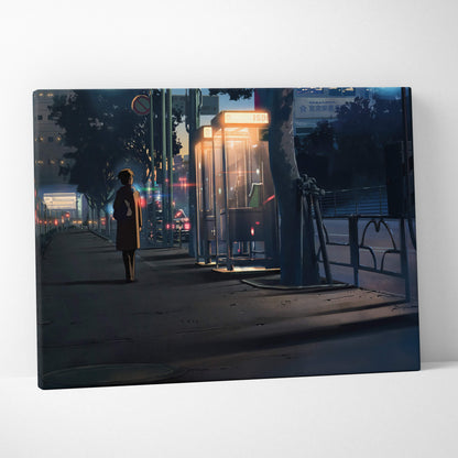 Nostalgic anime-style dark blue canvas wall art of a lone figure walking past an illuminated phone booth at dusk