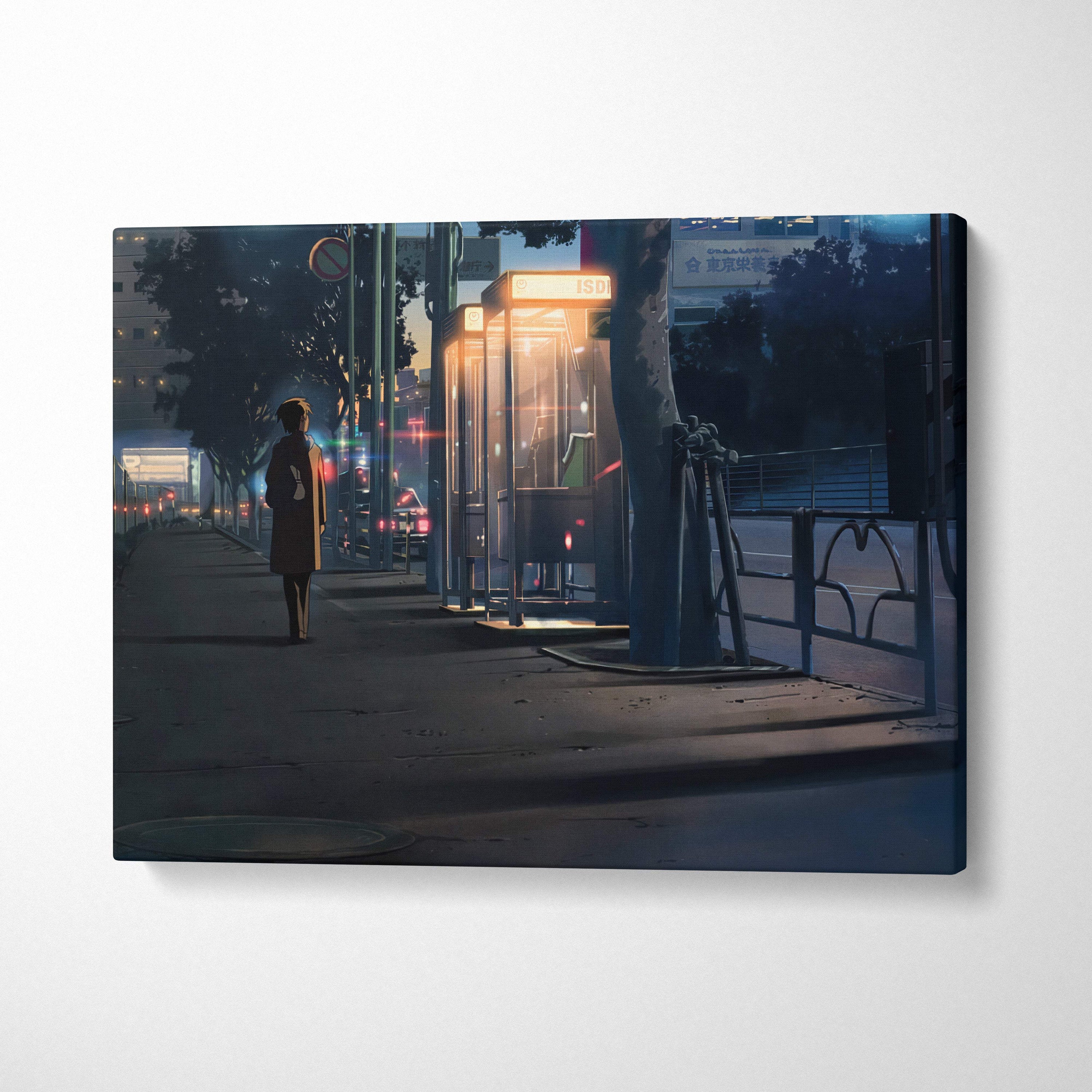 Night japanese city canvas wall art print featuring a lone figure by illuminated phone booths under twilight skies