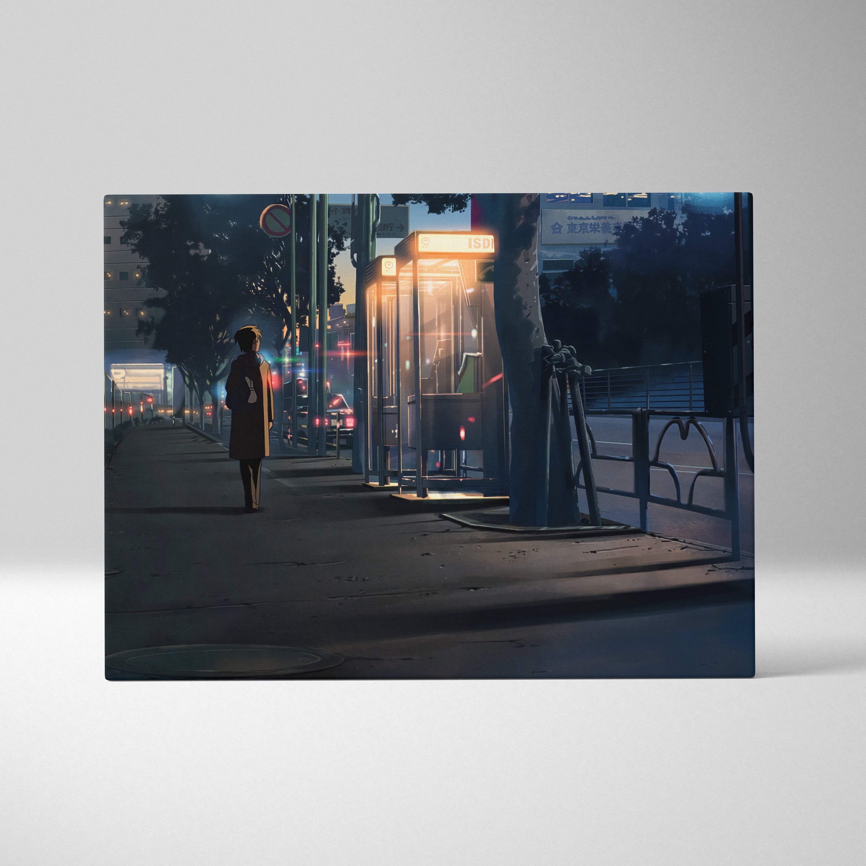 Night japanese city canvas wall art print featuring a warmly lit vintage telephone booth in a dark blue anime street scene