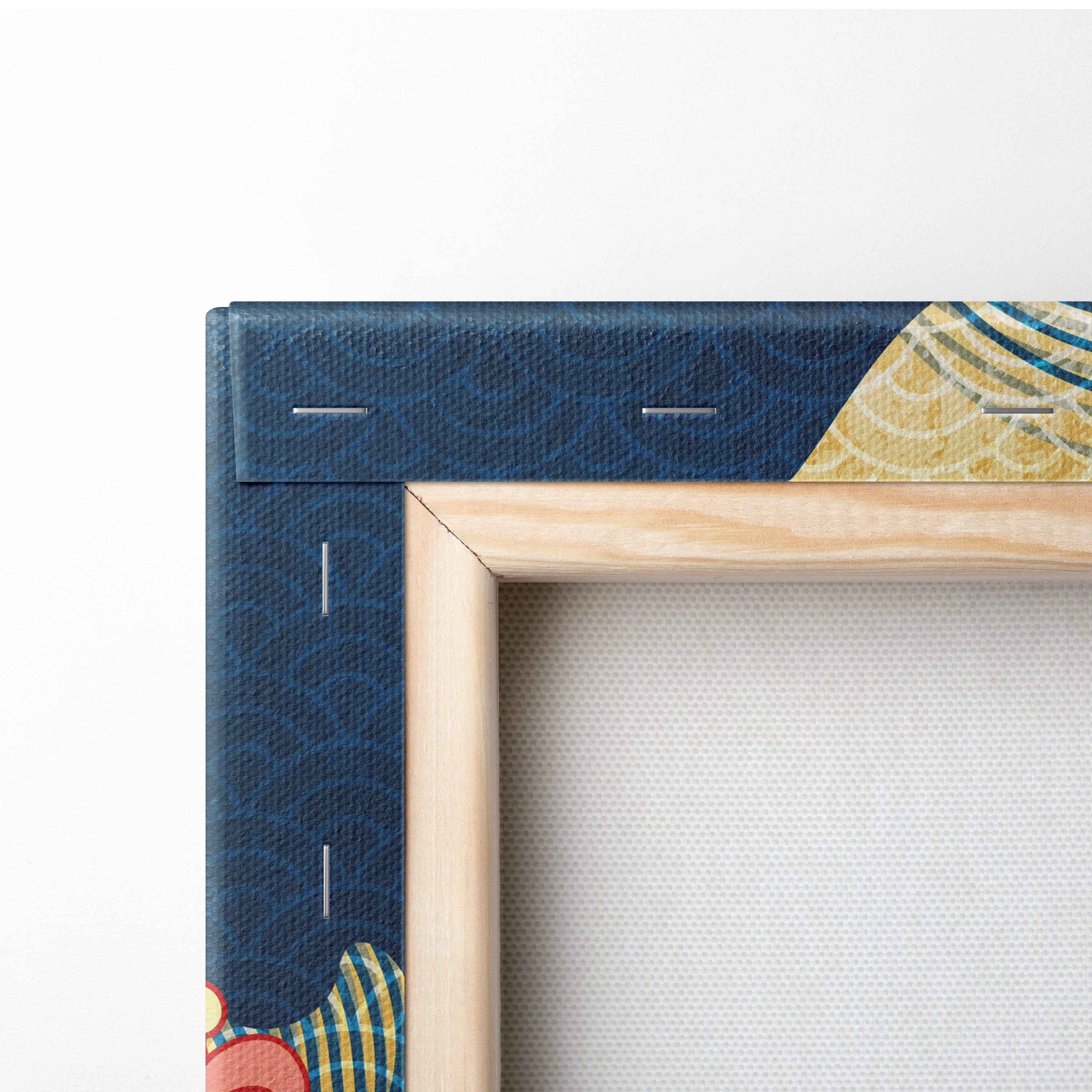Blue crane red sun canvas wall art with navy blue textured canvas, gold patterned design, framed by light wood