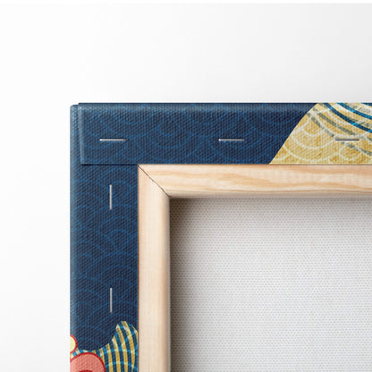 Blue crane red sun canvas wall art with navy blue textured canvas, gold patterned design, framed by light wood