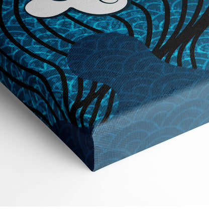 Blue canvas wall art featuring a stylized white cloud and black waves in japanese wave asian tattoo style