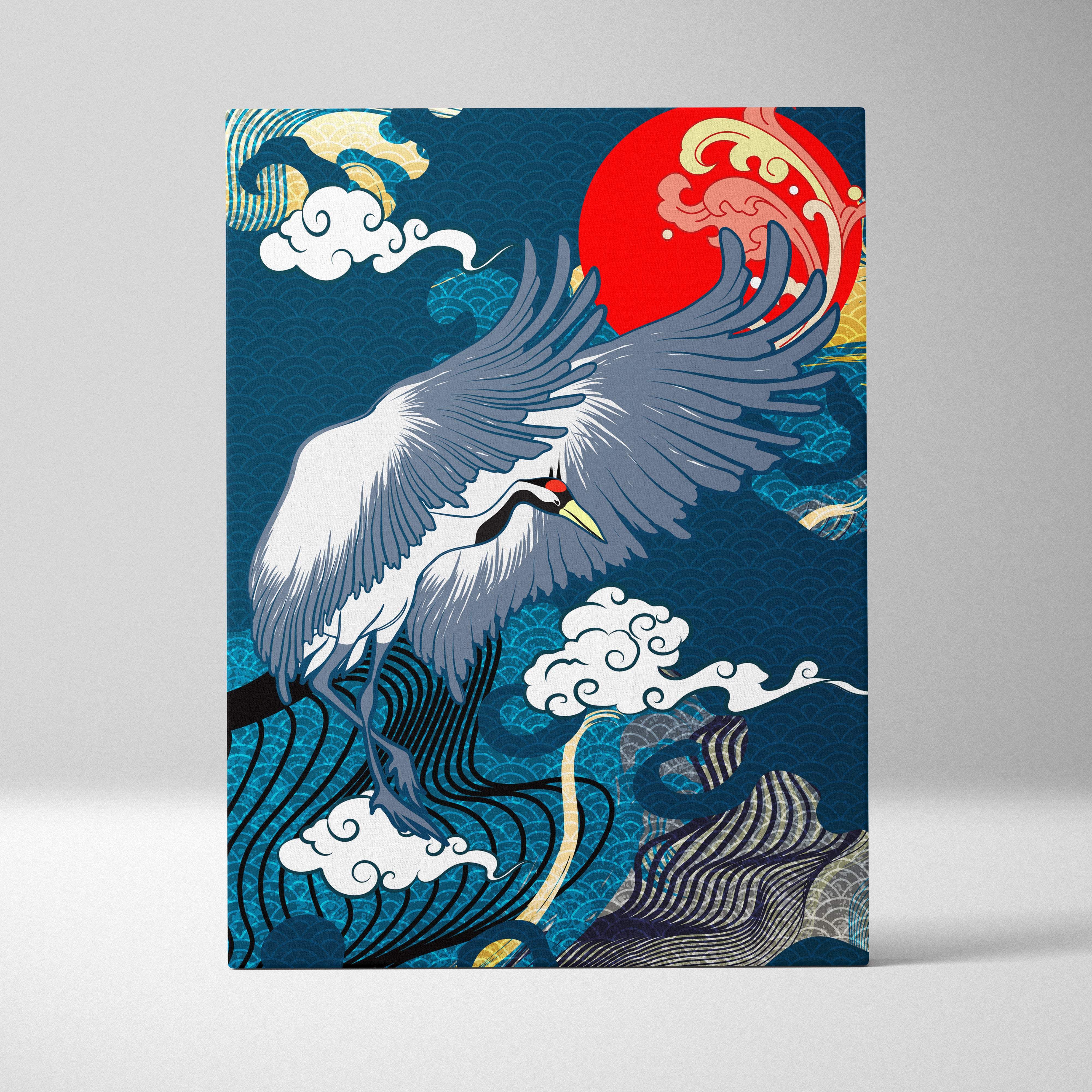 Blue crane red sun canvas wall art with white crane, gray wings, red crest, golden waves, and deep blue ocean background