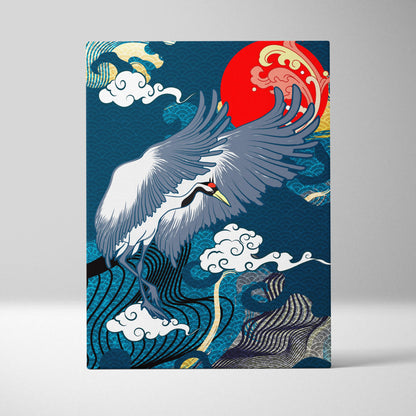 Blue crane red sun canvas wall art with white crane, gray wings, red crest, golden waves, and deep blue ocean background