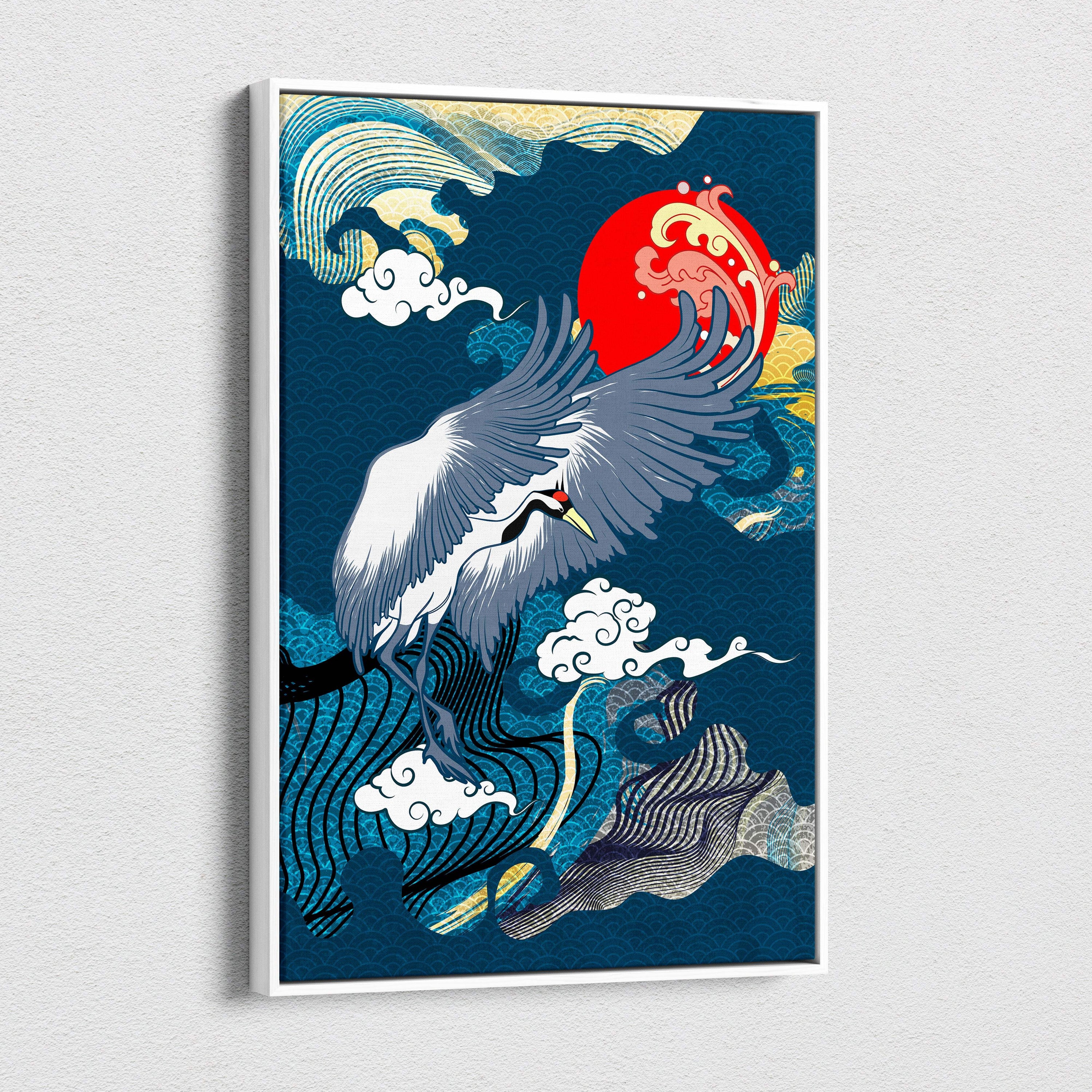 A framed blue crane red sun canvas wall art with stylized white bird and red sun in japanese wave tattoo style for decor