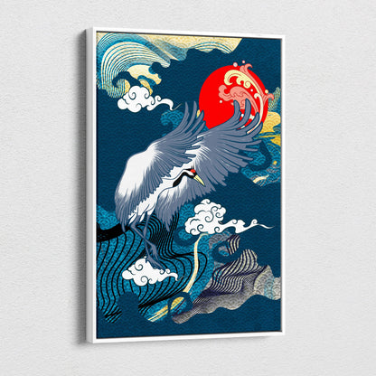 A framed blue crane red sun canvas wall art with stylized white bird and red sun in japanese wave tattoo style for decor