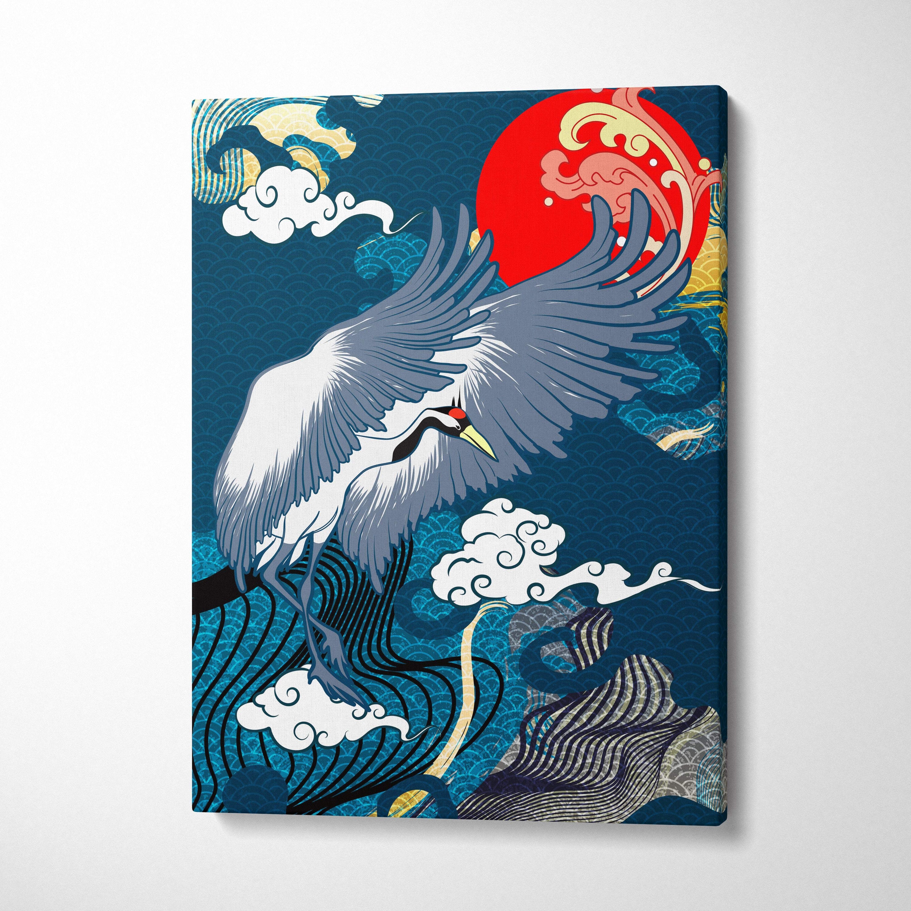 Blue crane red sun canvas wall art featuring a white crane with gray wings and red crown over japanese waves and sun