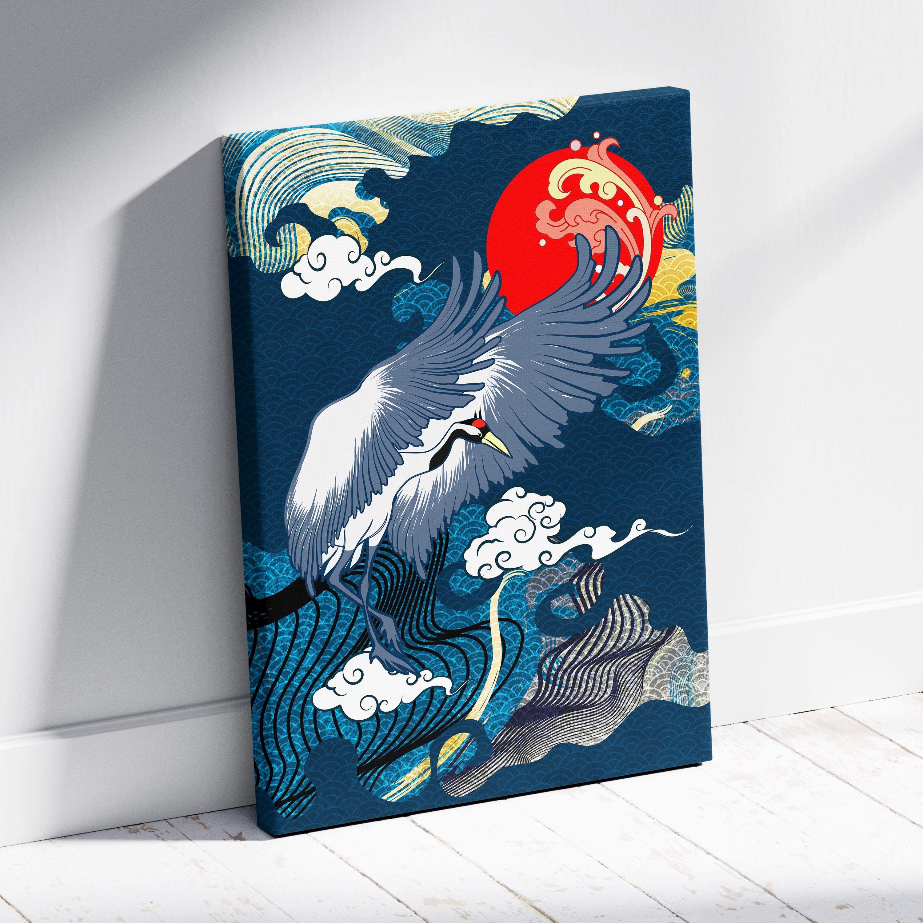 A vibrant japanese-style canvas wall art featuring a white crane with red accents against blue waves and a red sun