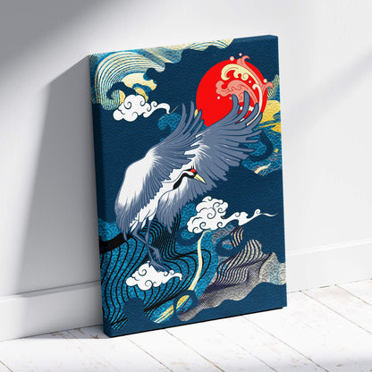 A vibrant japanese-style canvas wall art featuring a white crane with red accents against blue waves and a red sun