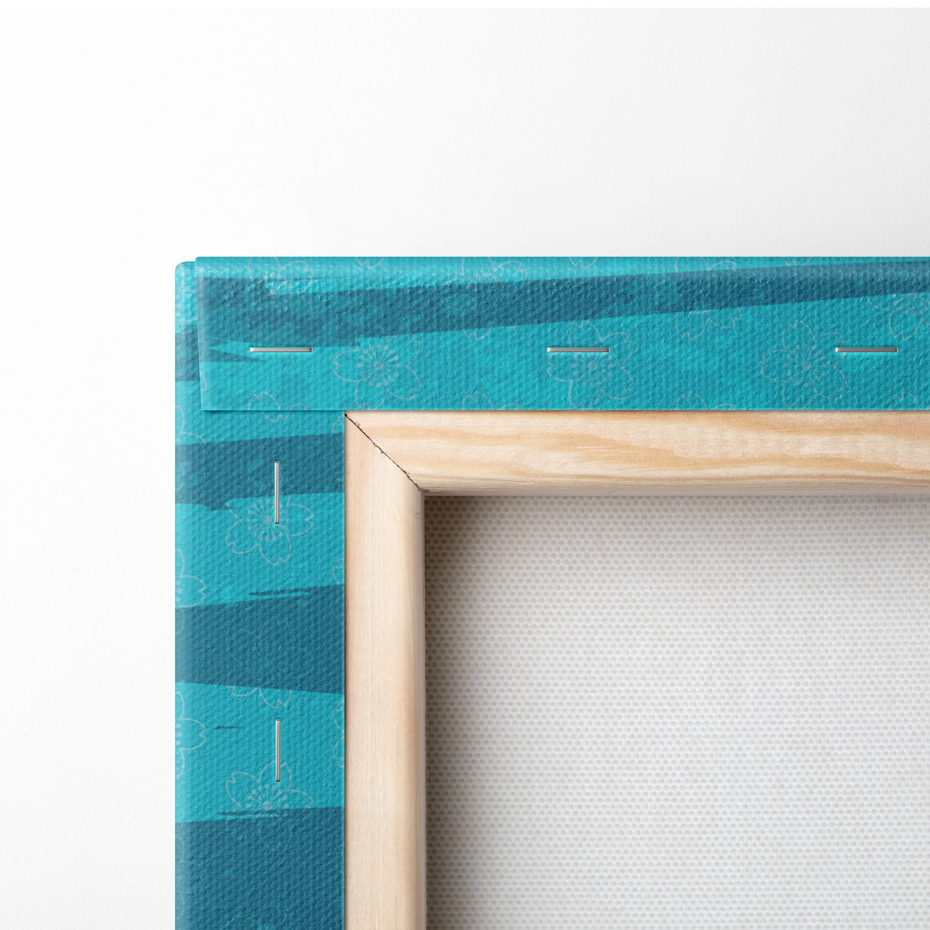 Teal striped canvas frame with light wood border for koi fish ocean wave canvas wall art decor