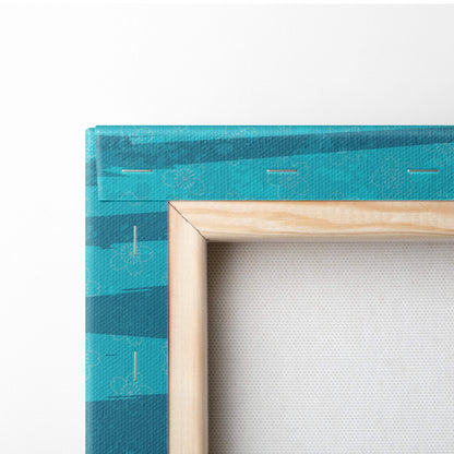 Teal striped canvas frame with light wood border for koi fish ocean wave canvas wall art decor