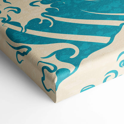 Koi fish ocean wave canvas wall art with stylized turquoise waves on textured beige background for living room decor