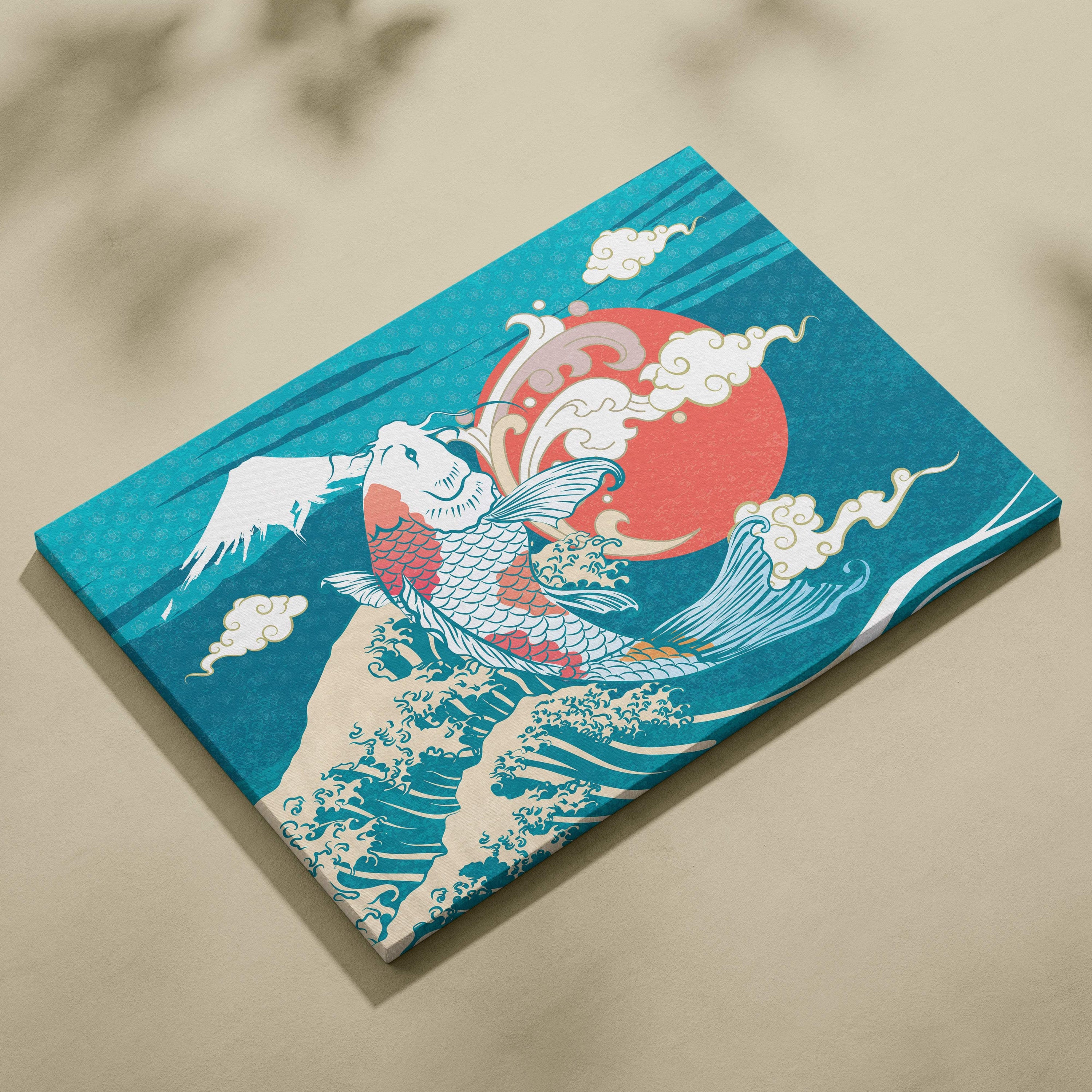 Teal canvas wall art featuring a stylized koi fish leaping through ocean waves with red sun and mount fuji background