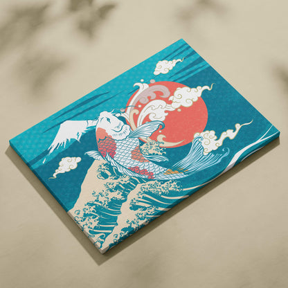 Teal canvas wall art featuring a stylized koi fish leaping through ocean waves with red sun and mount fuji background