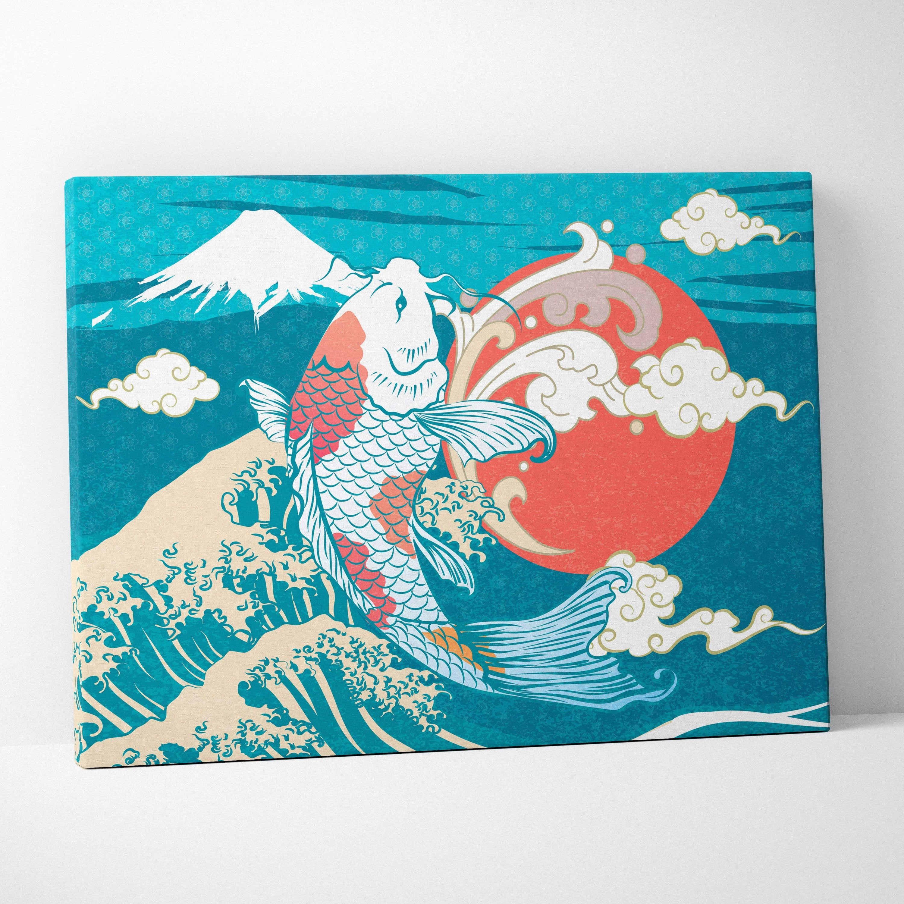 Vibrant teal koi fish ocean wave canvas wall art with mount fuji and red sun for living room or bedroom decor