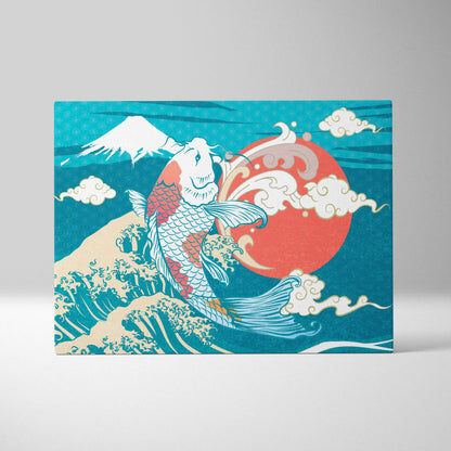 Vibrant turquoise koi fish ocean wave canvas wall art with stylized fish mount fuji and red sun for living room decor