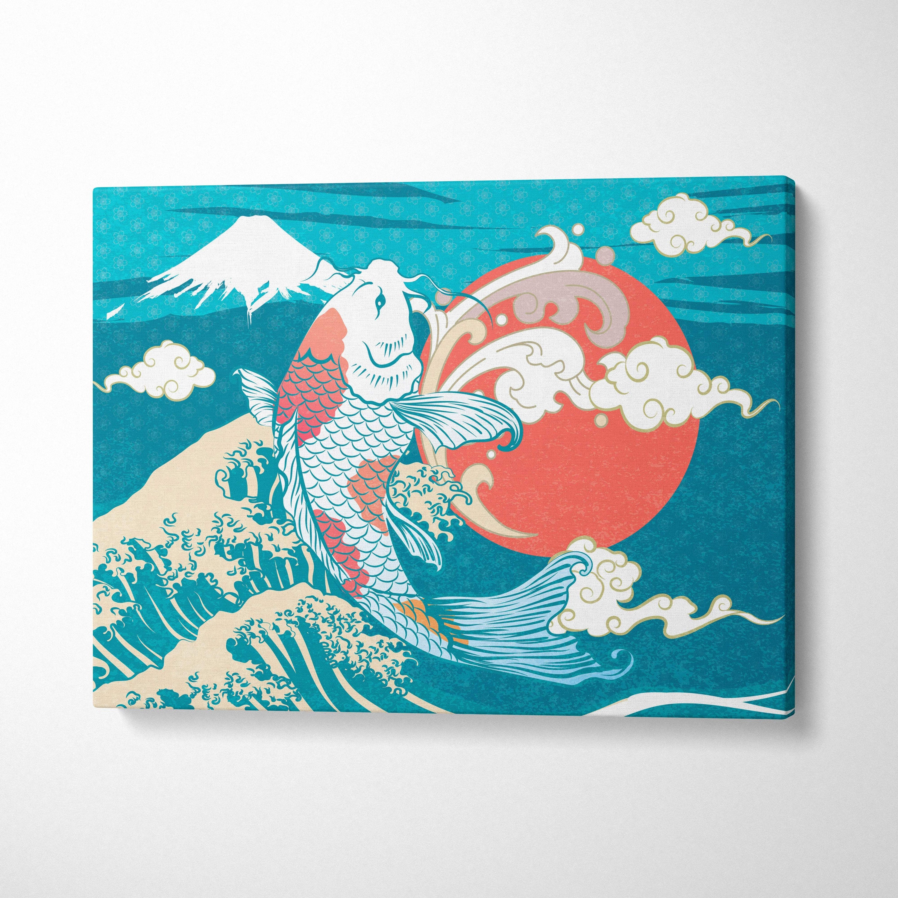 Vibrant teal koi fish ocean wave canvas wall art with Mount Fuji and red sun coral Japanese pattern decor