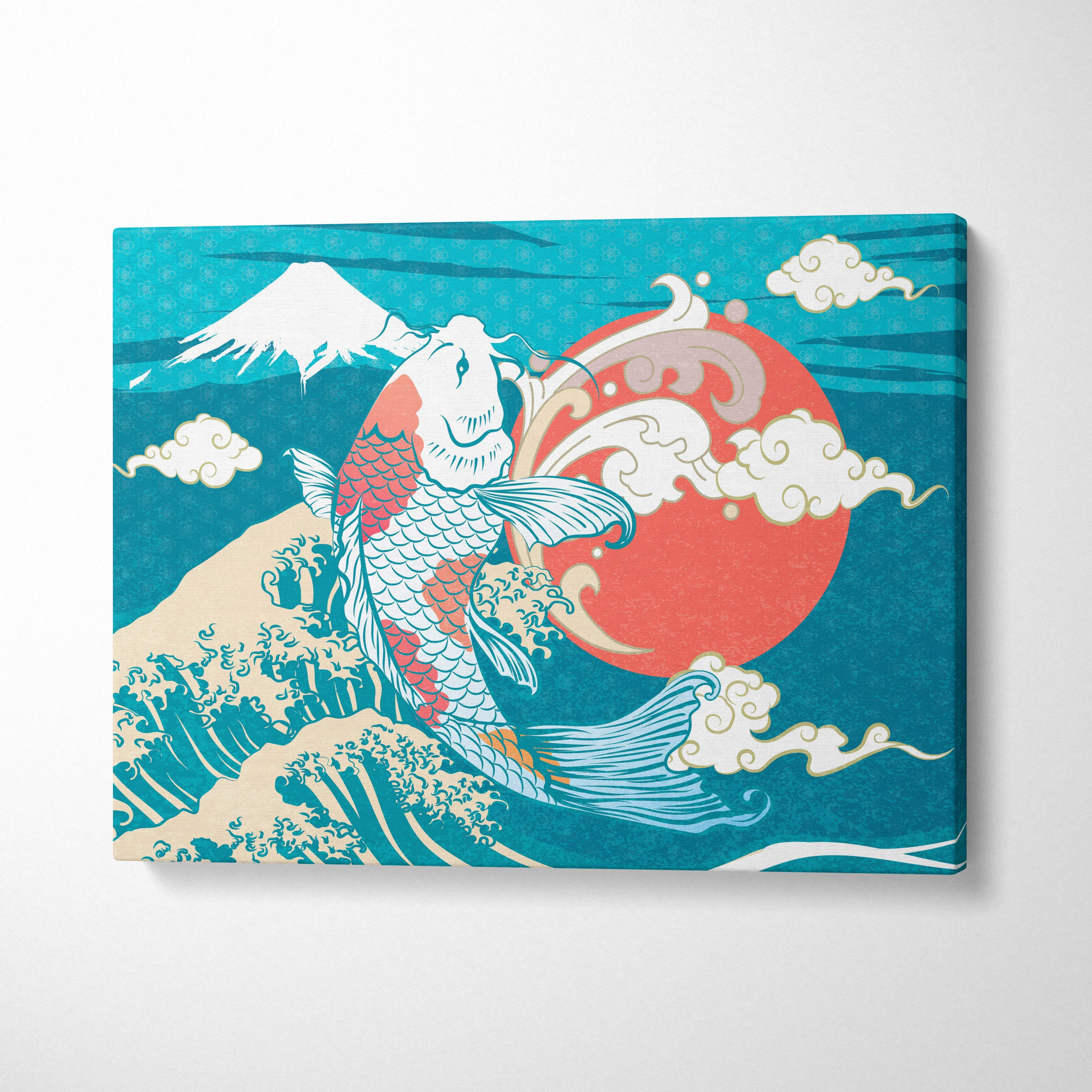 Vibrant teal koi fish ocean wave canvas wall art with Mount Fuji and red sun coral Japanese pattern decor