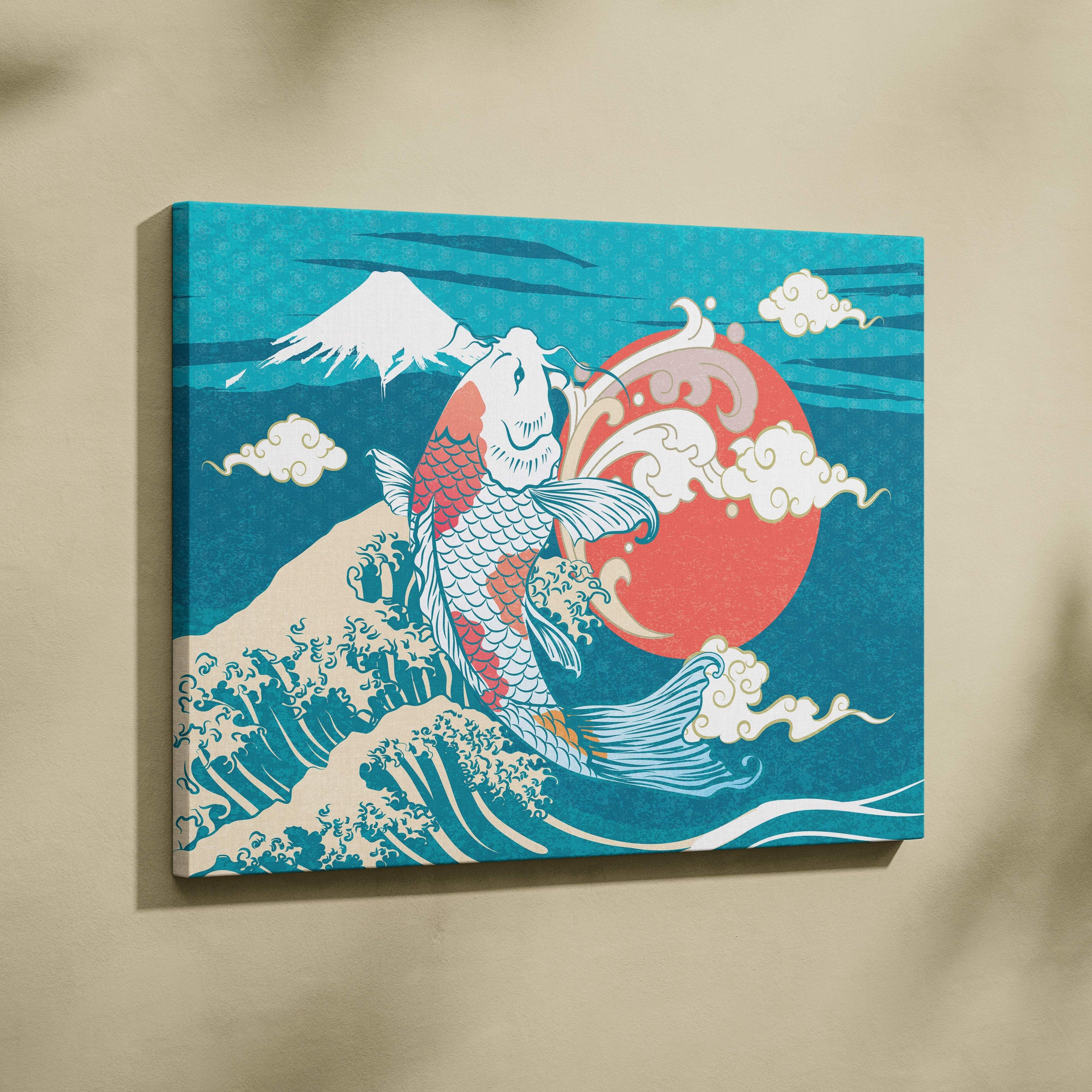 Koi fish ocean wave canvas wall art with teal coral japanese pattern featuring mount fuji and red sun background