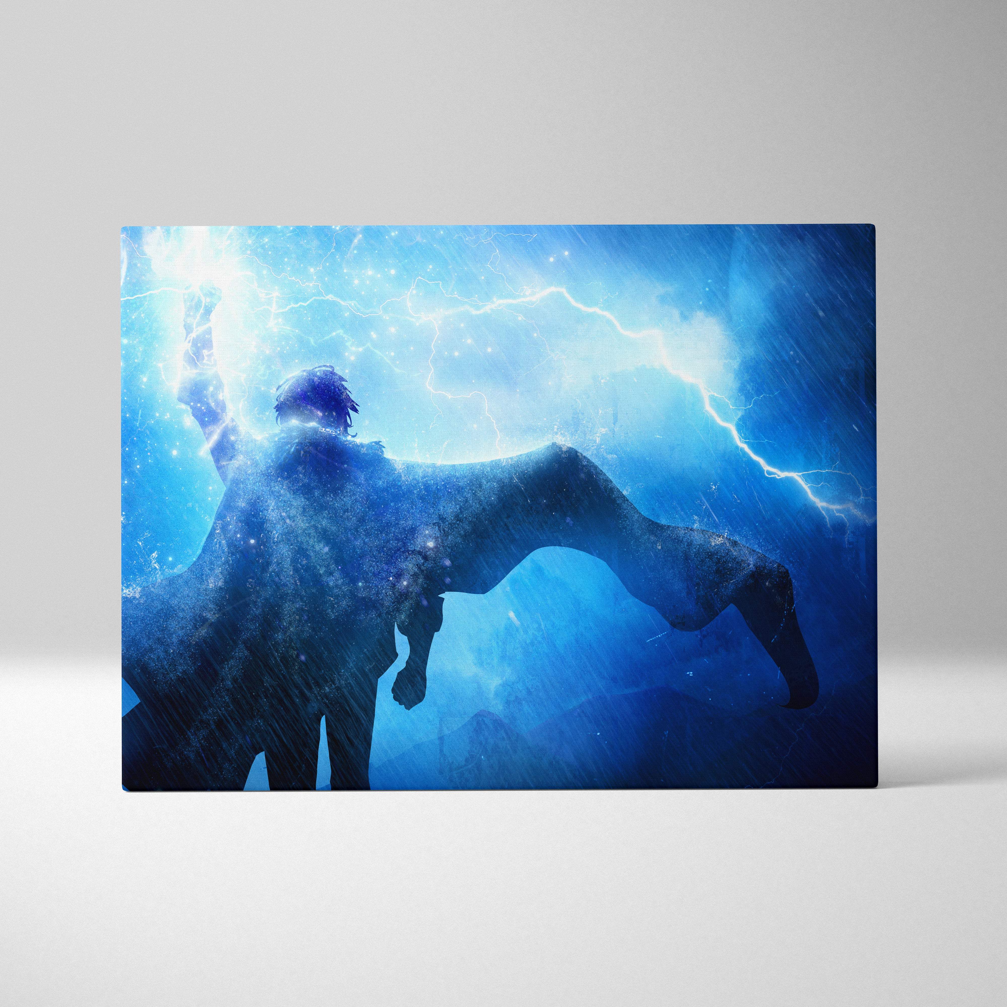 Blue canvas wall art featuring an electric storm mage silhouette with outstretched arms against lightning sky